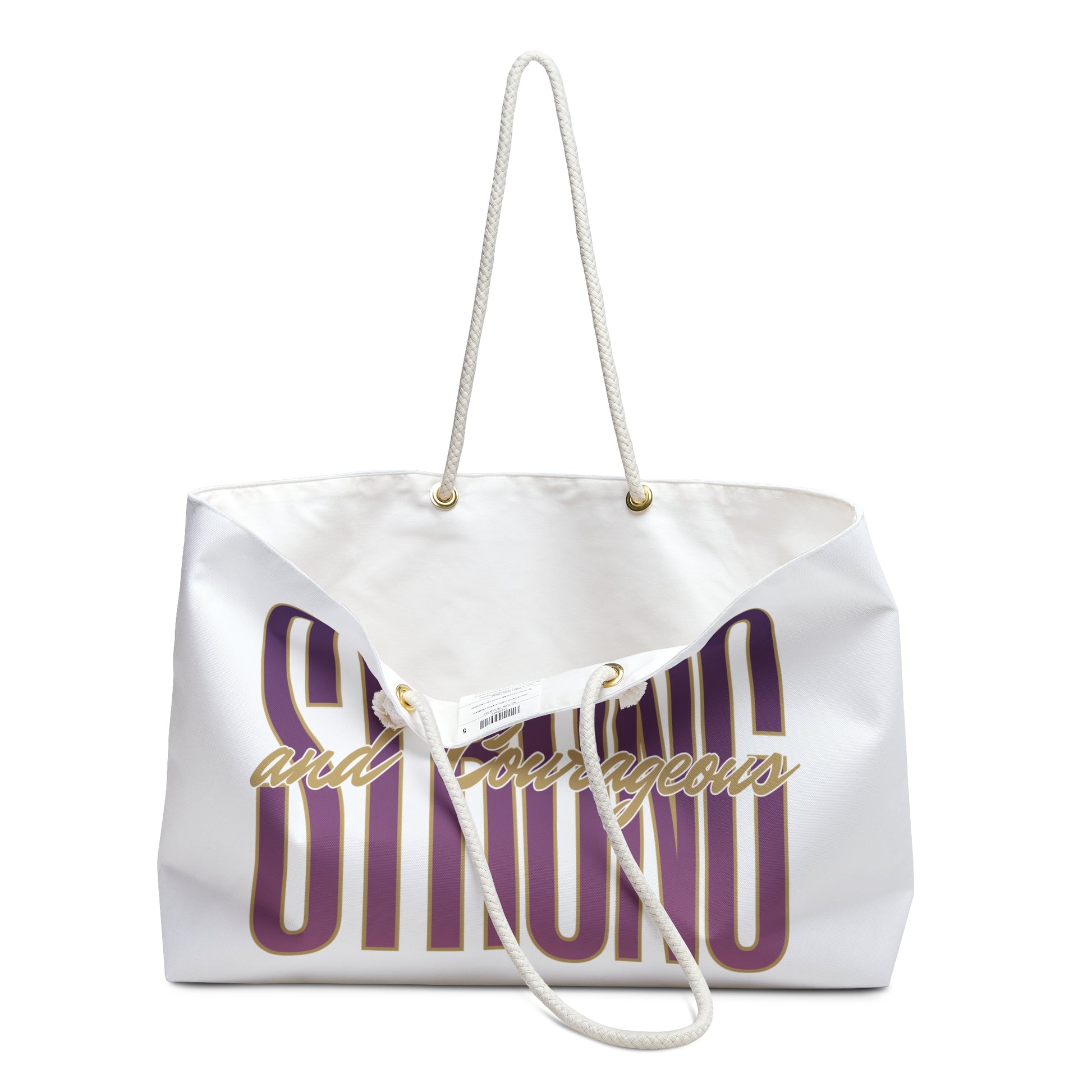 Strong and courageous Scripture bag with a spacious design and stylish rope handles