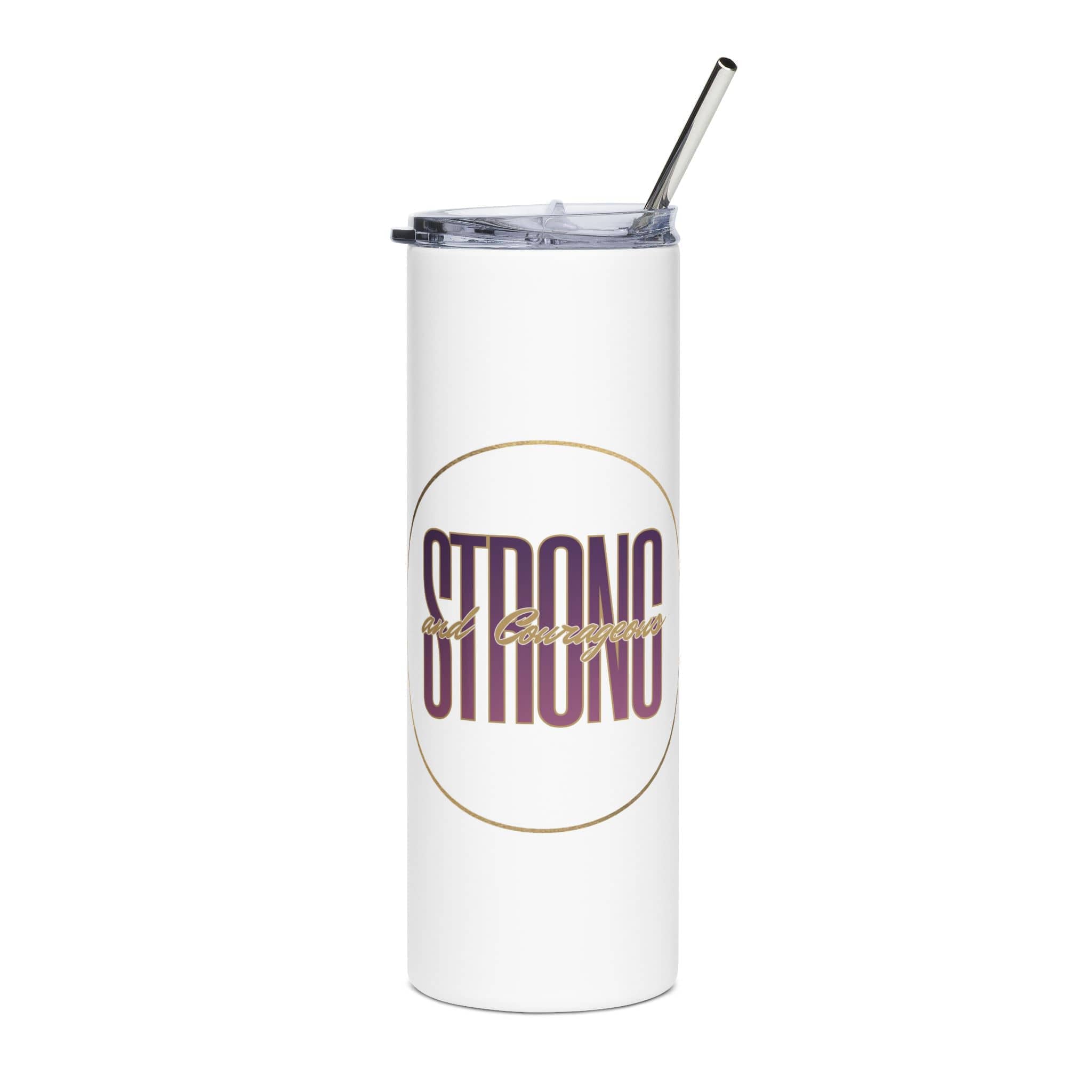 White Strong & Courageous Tumbler with purple text and a clear straw, front view.