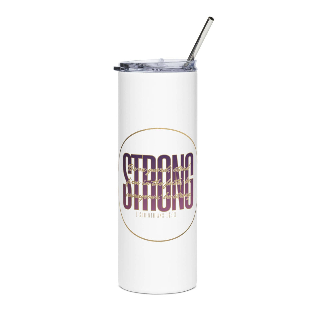 Strong & Courageous Tumbler with vibrant design, white background, and a clear straw view from the front