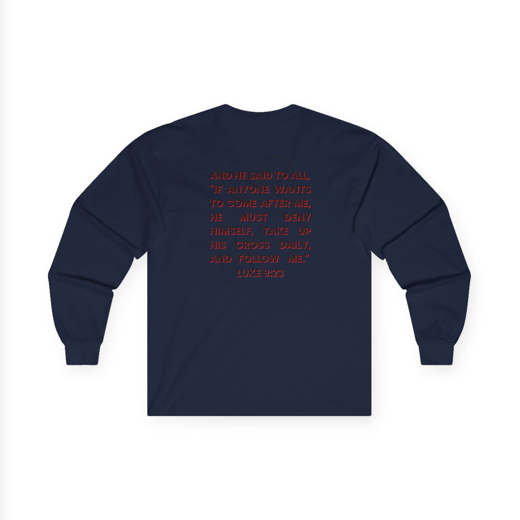 Long-sleeve Take Up Your Cross and Follow Jesus shirt in navy blue with back view displaying scripture