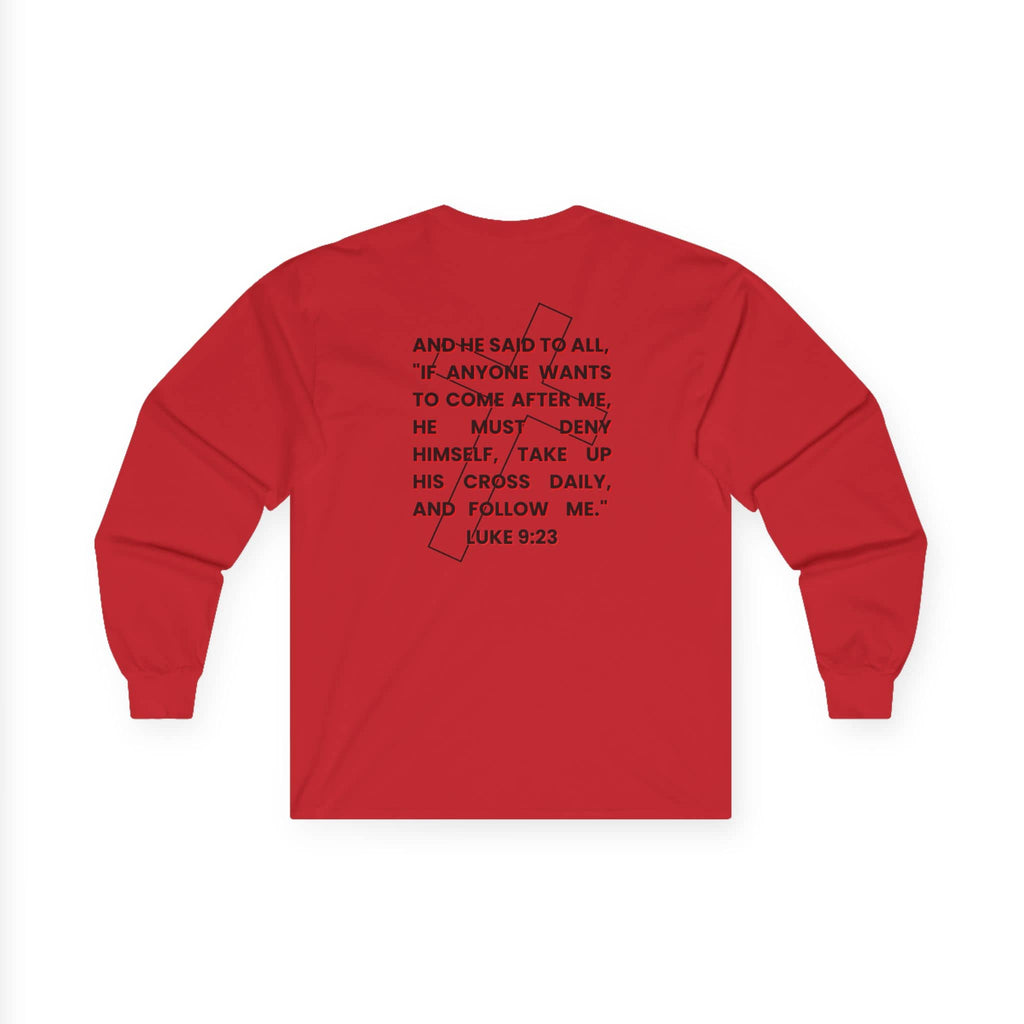 Long-sleeve Take Up Your Cross and Follow Jesus shirt in red with back view showing scripture design