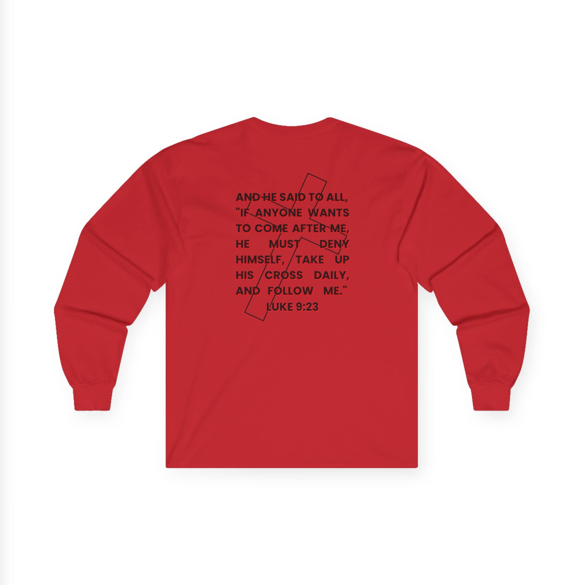 Long-sleeve Take Up Your Cross and Follow Jesus shirt in red with back view showing scripture design