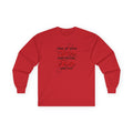 Long-sleeve red shirt with 'Take Up Your Cross and Follow Jesus' text and cross design, front view