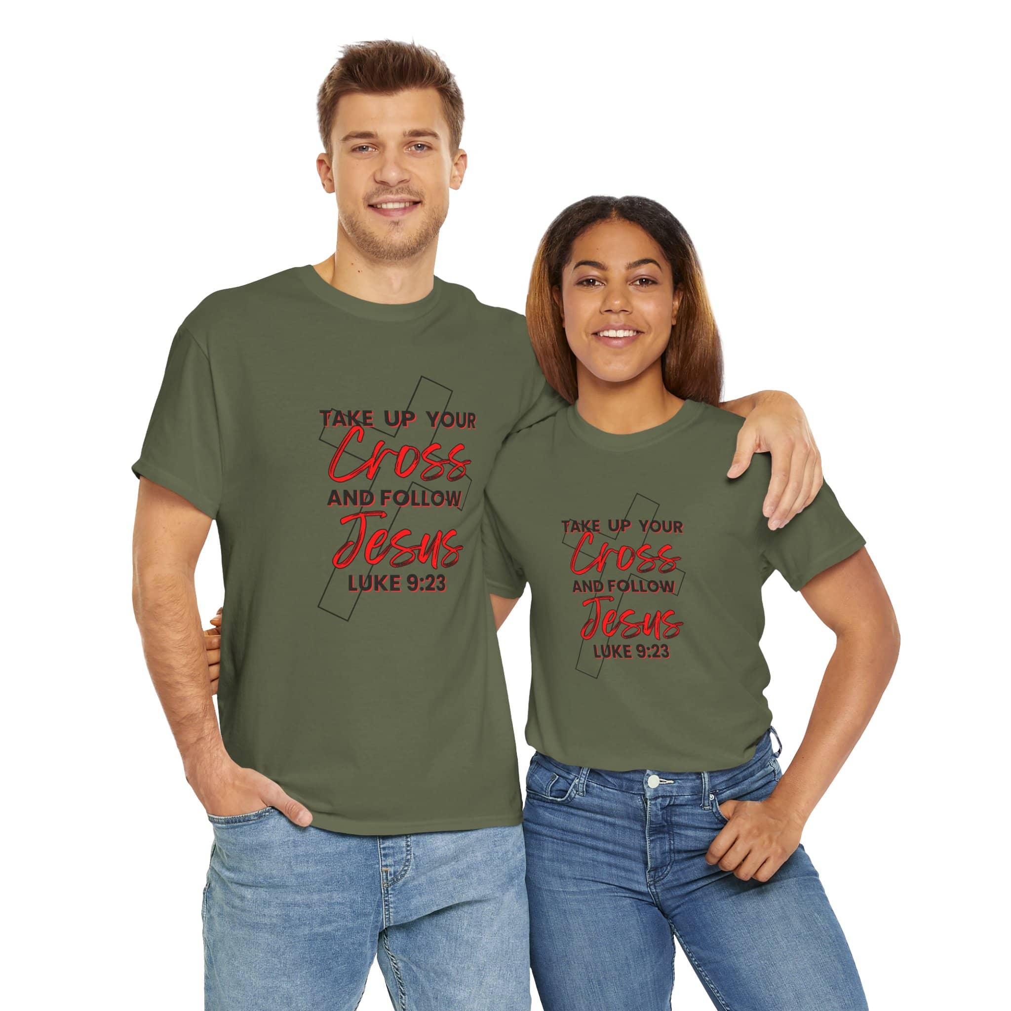 Logos Co. olive green T-Shirts with Take up your cross shirt design featuring Luke 9:23 scripture