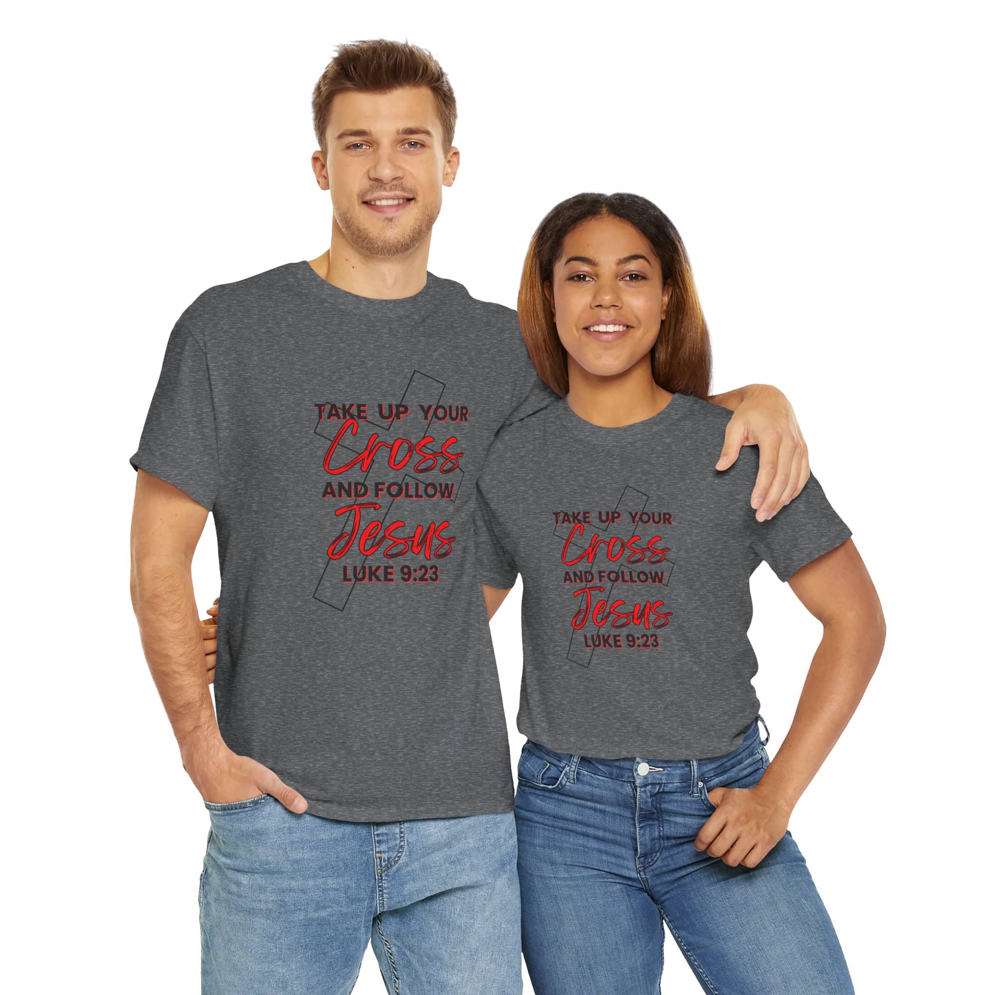Logos Co. gray Take up your cross shirt with red Christian scripture text worn by man and woman