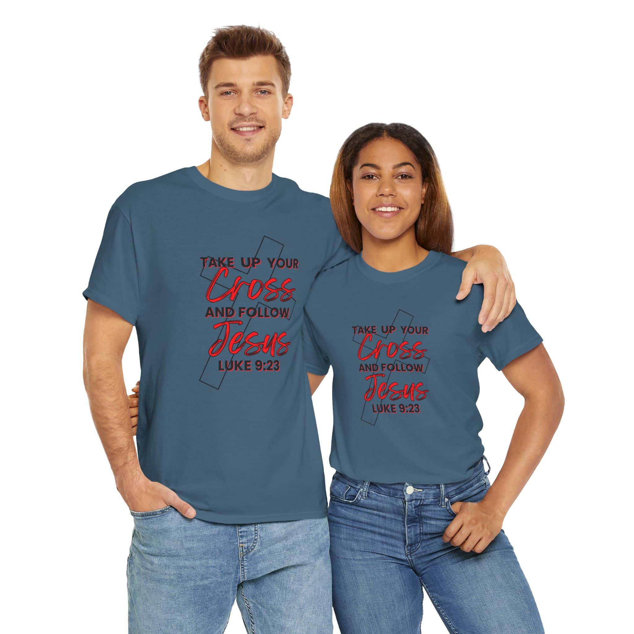 Logos co. Take up your cross shirt with religious text Luke 9:23 worn by man and woman in blue tees