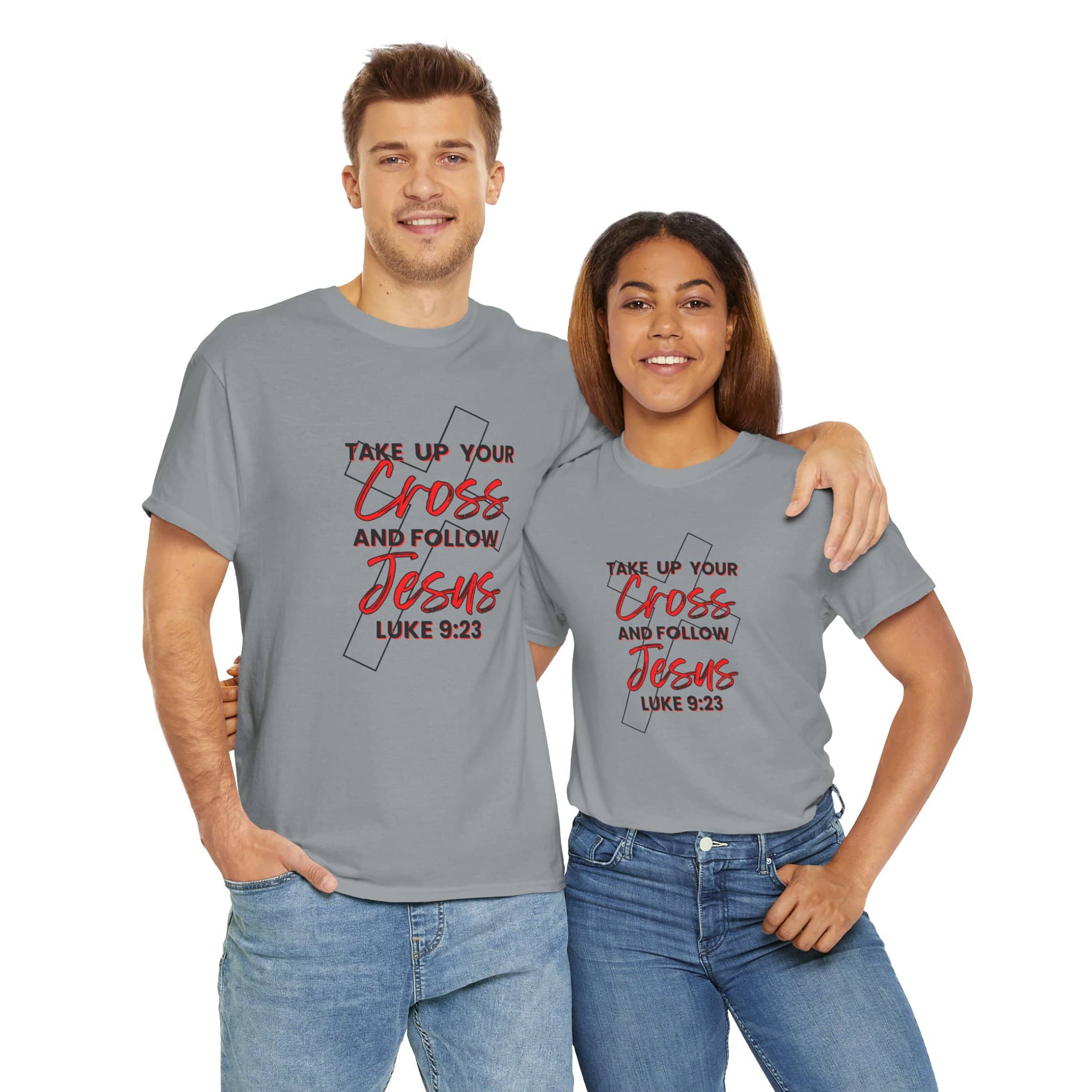 Logos Co. gray take up your cross shirt with scripture Luke 9:23 worn by man and woman