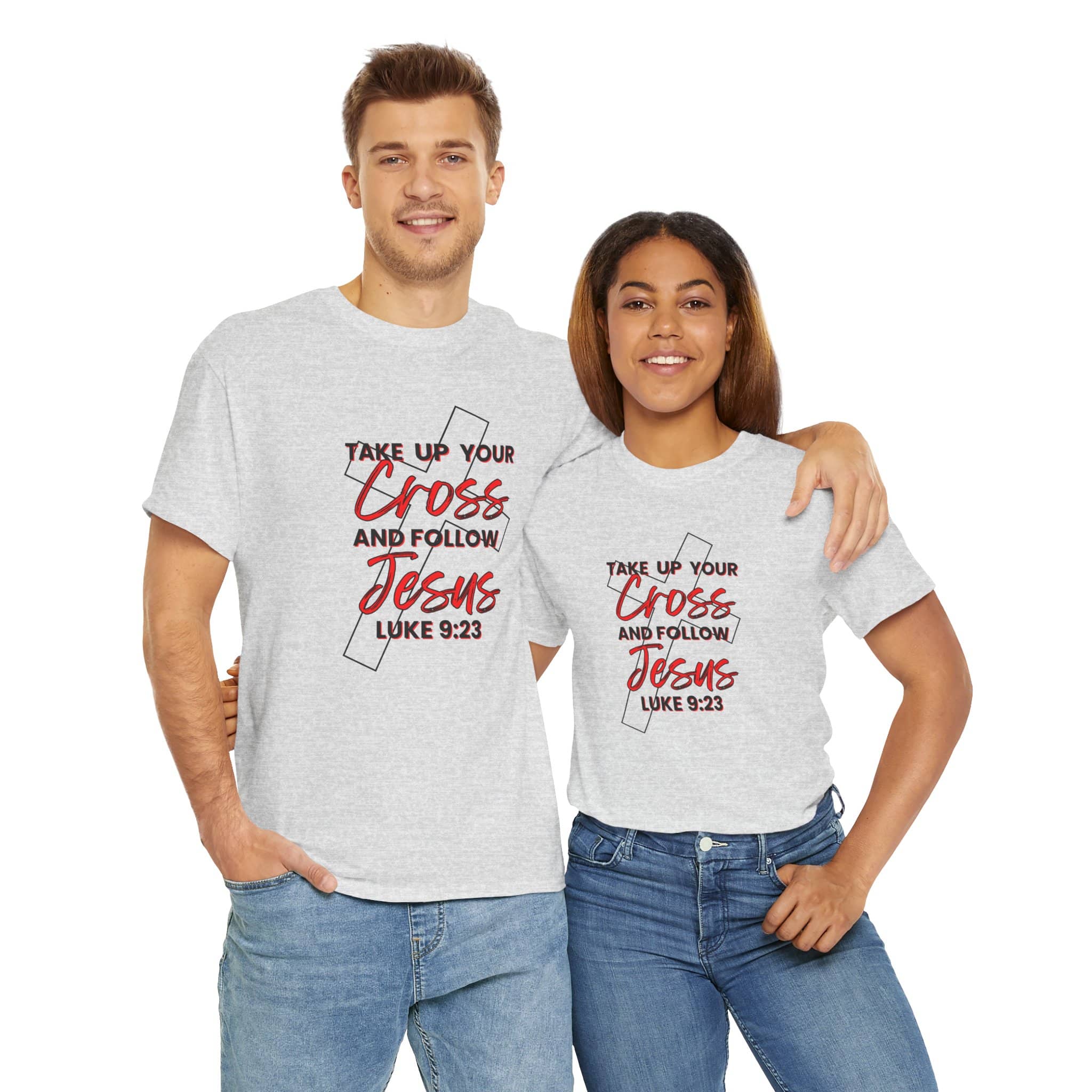 Logos Co. take up your cross shirt with Jesus and Luke 9:23 scripture design on gray t-shirts worn by man and woman