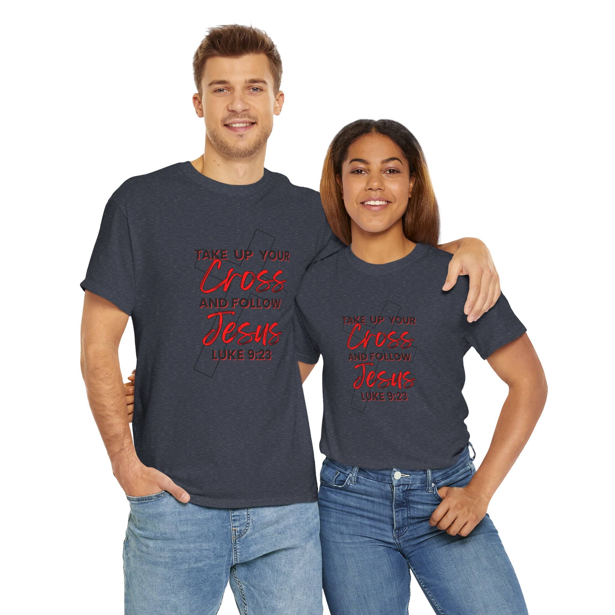 Logos Co. unisex navy t-shirts with red text take up your cross shirt and follow Jesus Luke 9 23