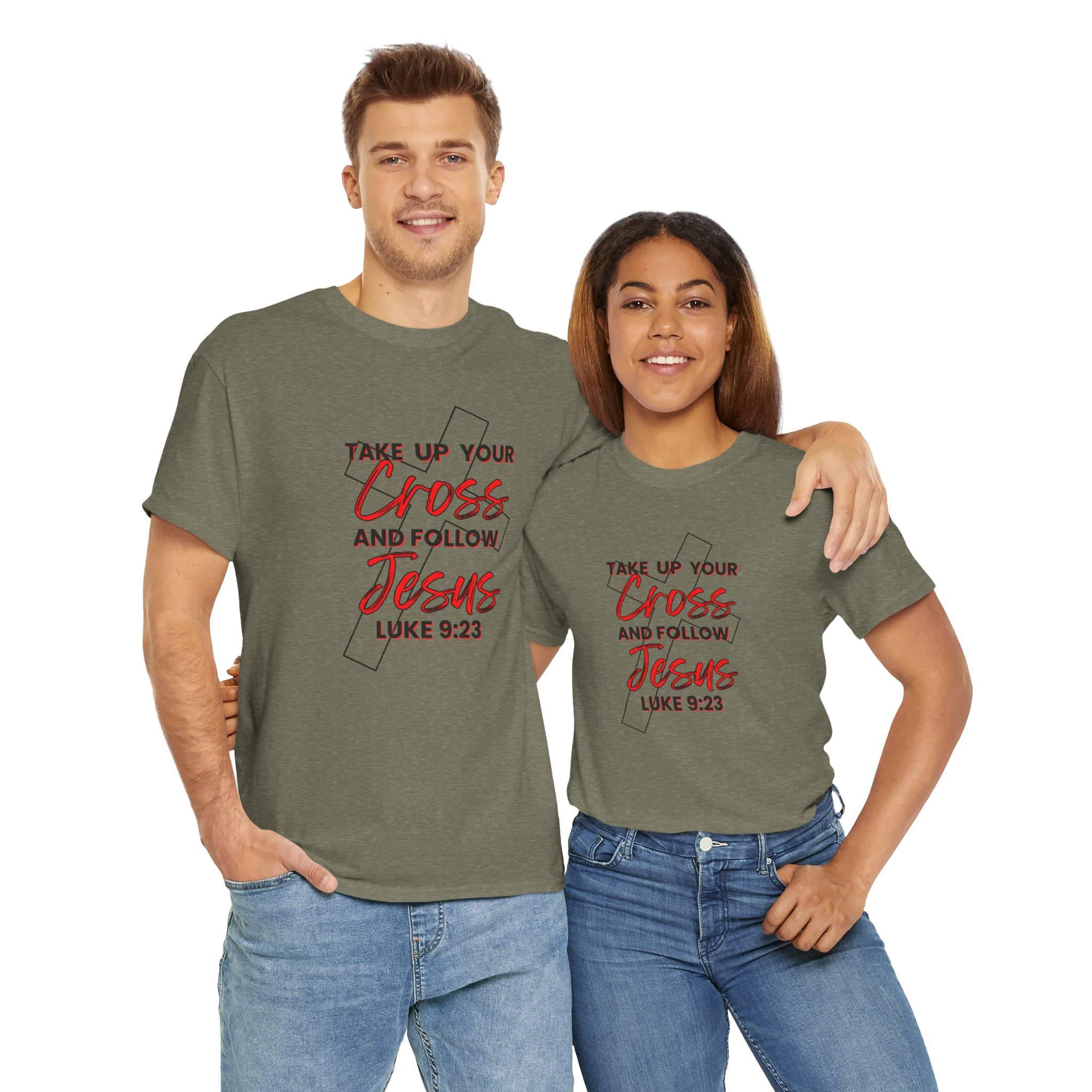 Take up your cross shirt men's and women's gray t-shirts with Christian scripture design
