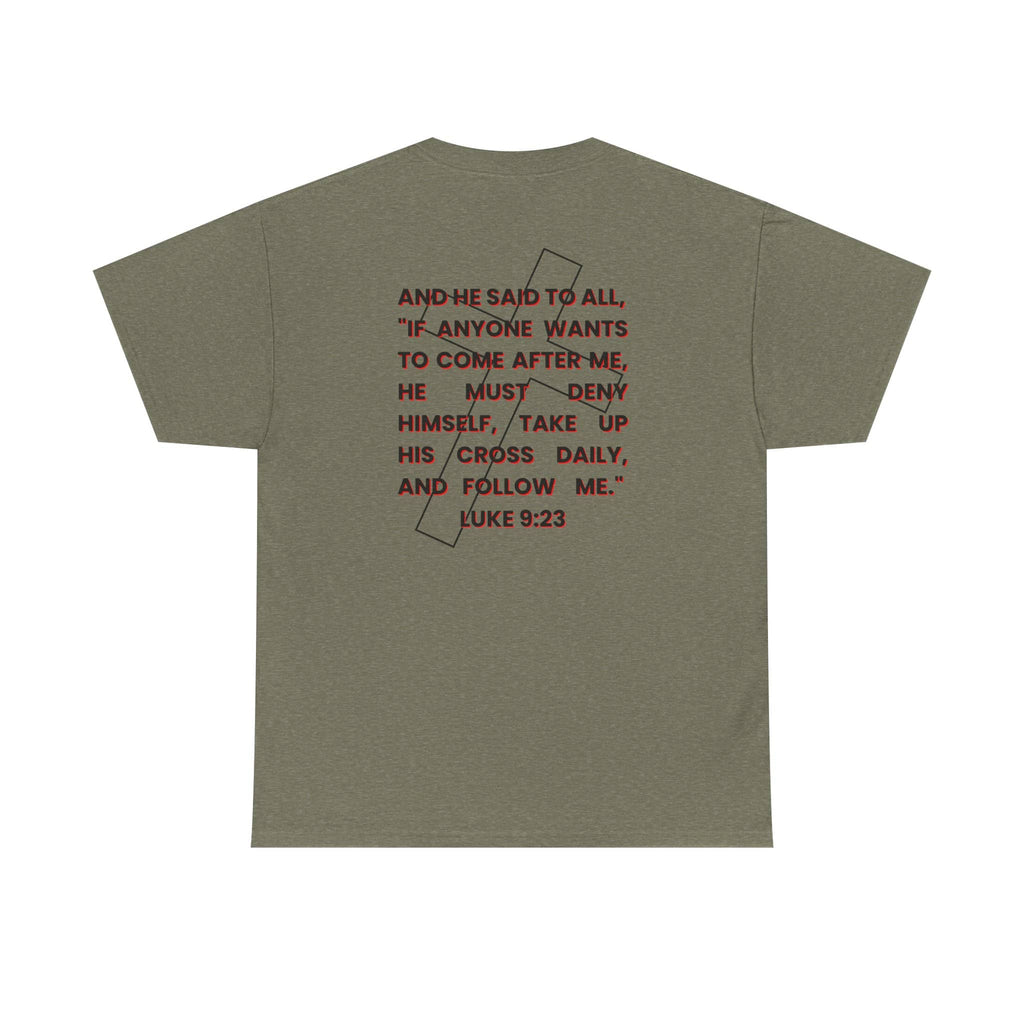 Logos Co. olive green T-shirt with inspirational Bible verse and take up your cross shirt design on back