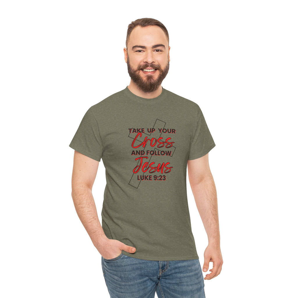 Take up your cross shirt in olive green with Christian scripture design modeled by smiling man