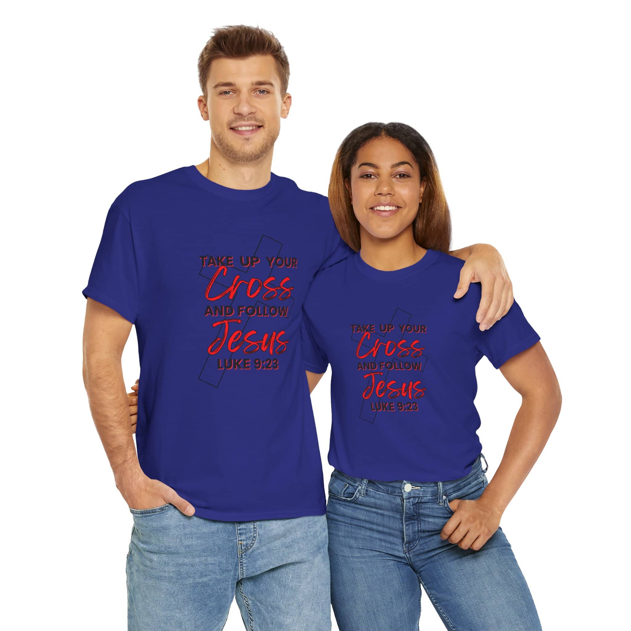 Man and woman wearing blue Take up your cross shirt with red religious text from Logos Co.
