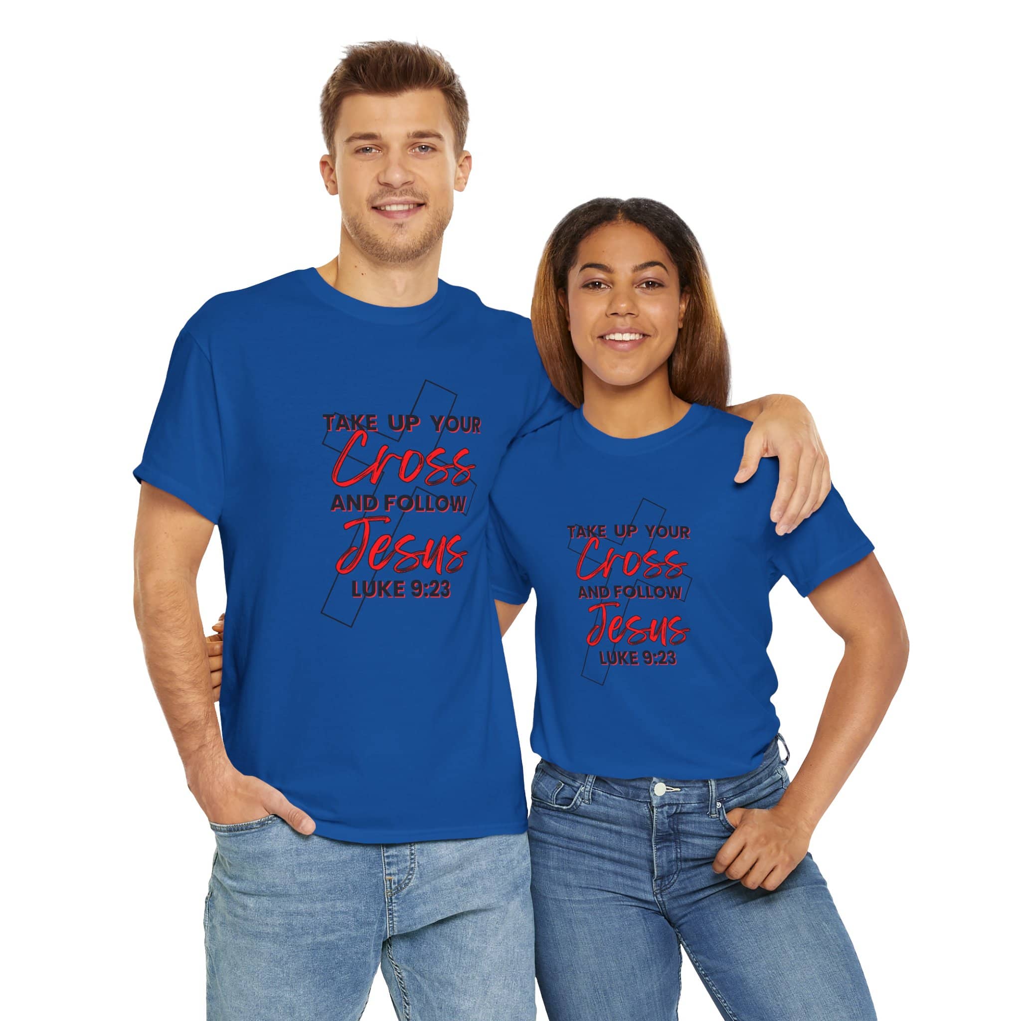 Blue Take up your cross shirt with Jesus and Luke 9:23 text worn by man and woman