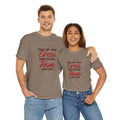 Logos Co. take up your cross shirt in brown worn by man and woman with cross and Jesus text design