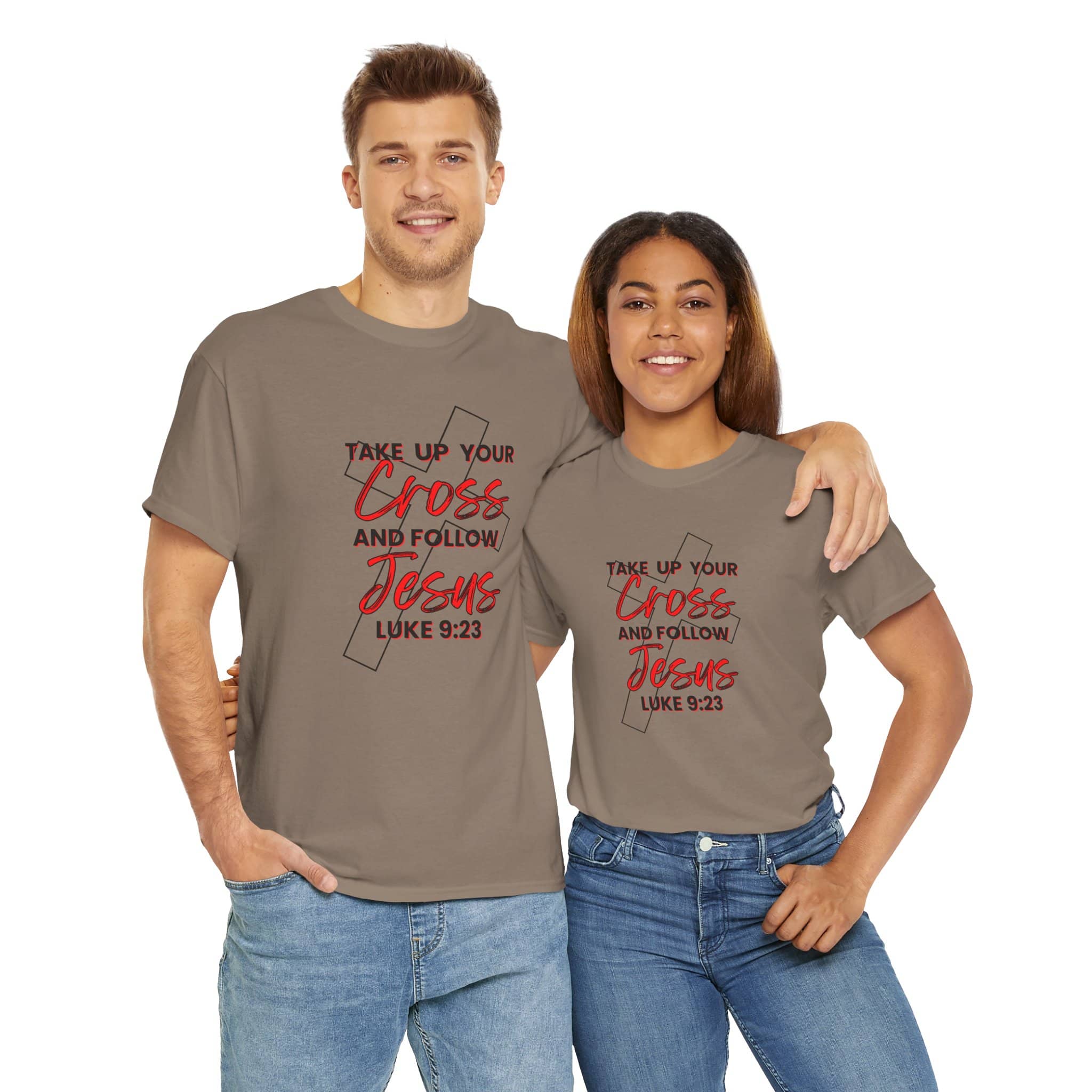 Logos Co. take up your cross shirt in brown worn by man and woman with cross and Jesus text design