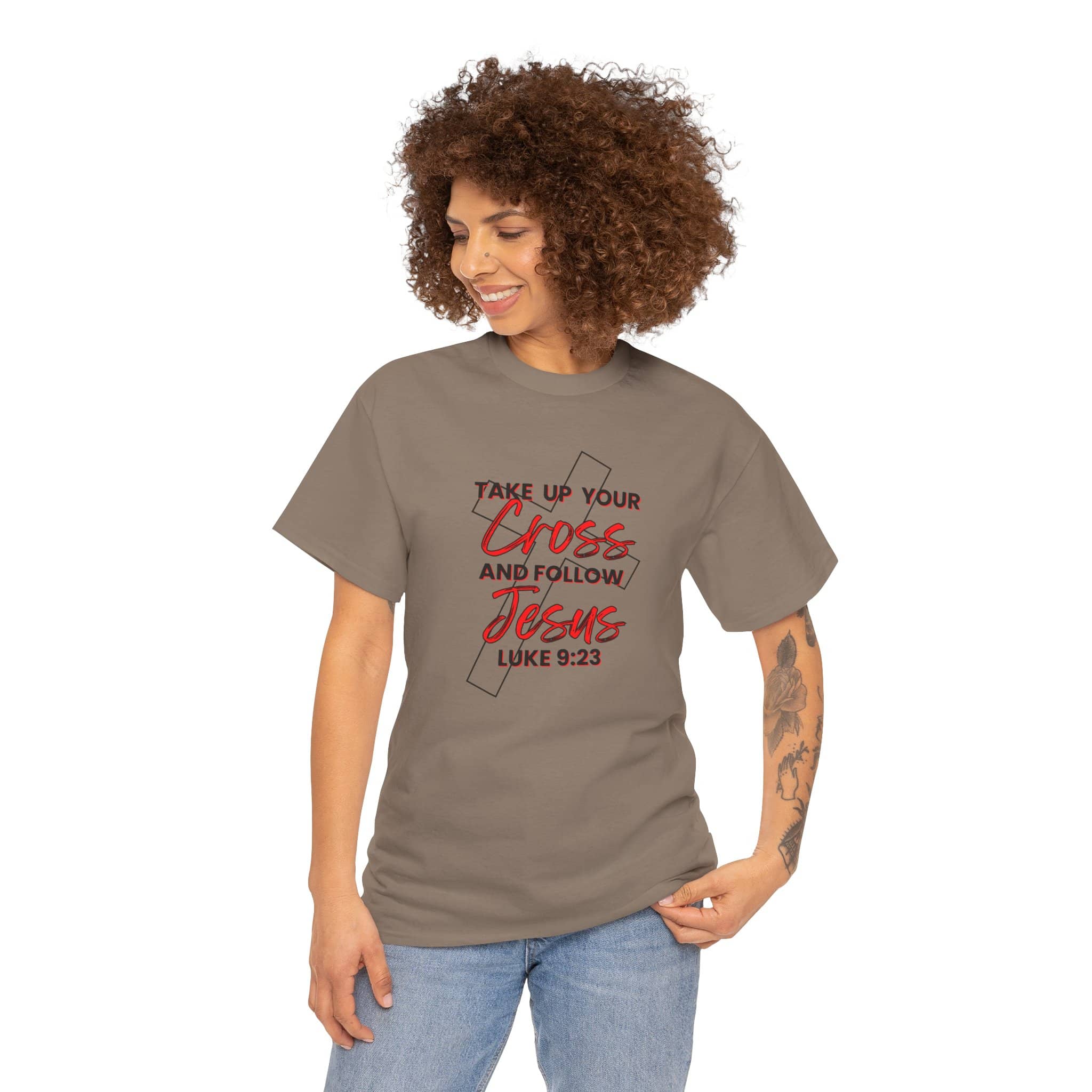Logos Co. unisex brown t-shirt with take up your cross shirt Bible verse design on front