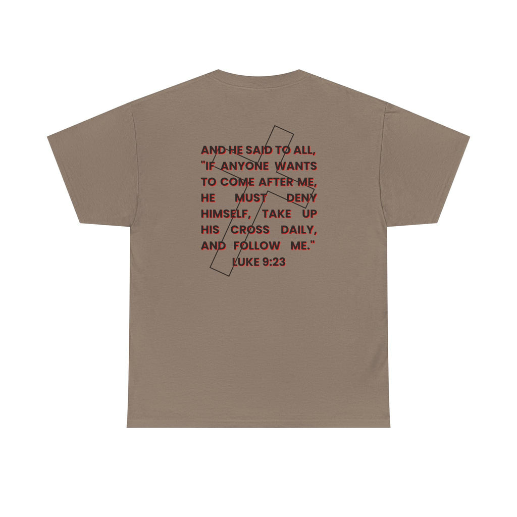 Logos Co. brown t-shirt with Take up your cross shirt Bible verse Luke 9:23 text on back