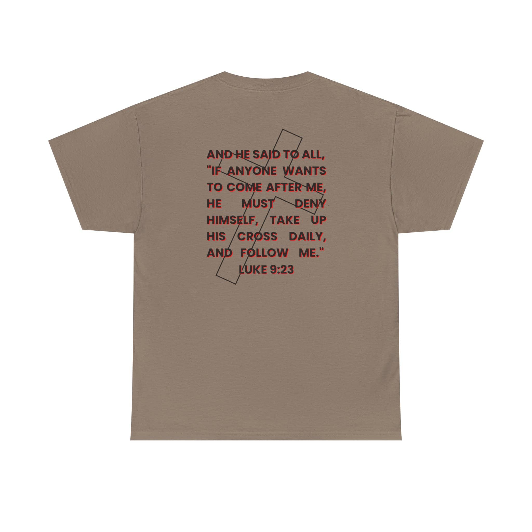 Logos Co. brown t-shirt with Take up your cross shirt Bible verse Luke 9:23 text on back