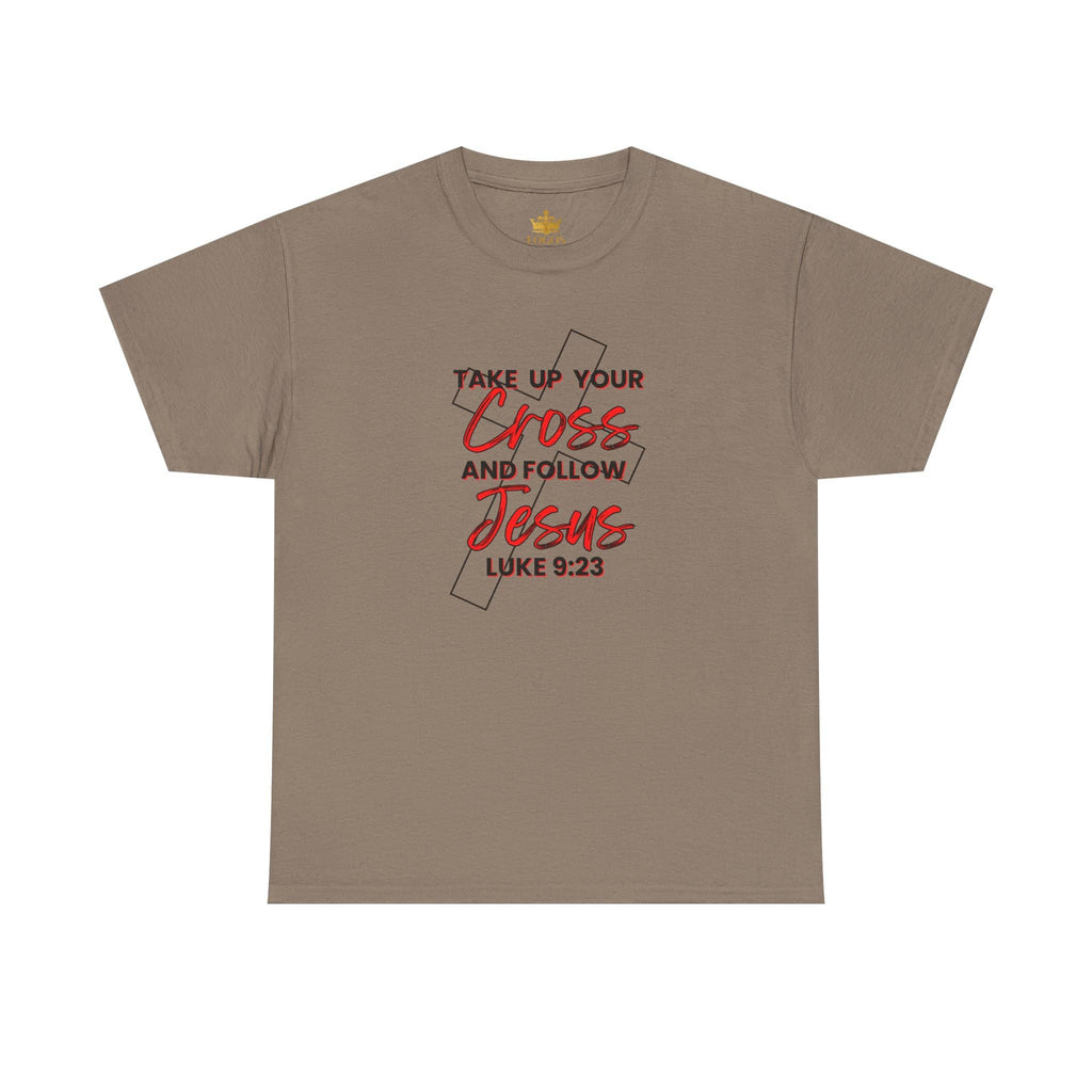 Logos Co. Take up your cross shirt brown T-shirt with religious cross and Jesus Luke 9:23 design
