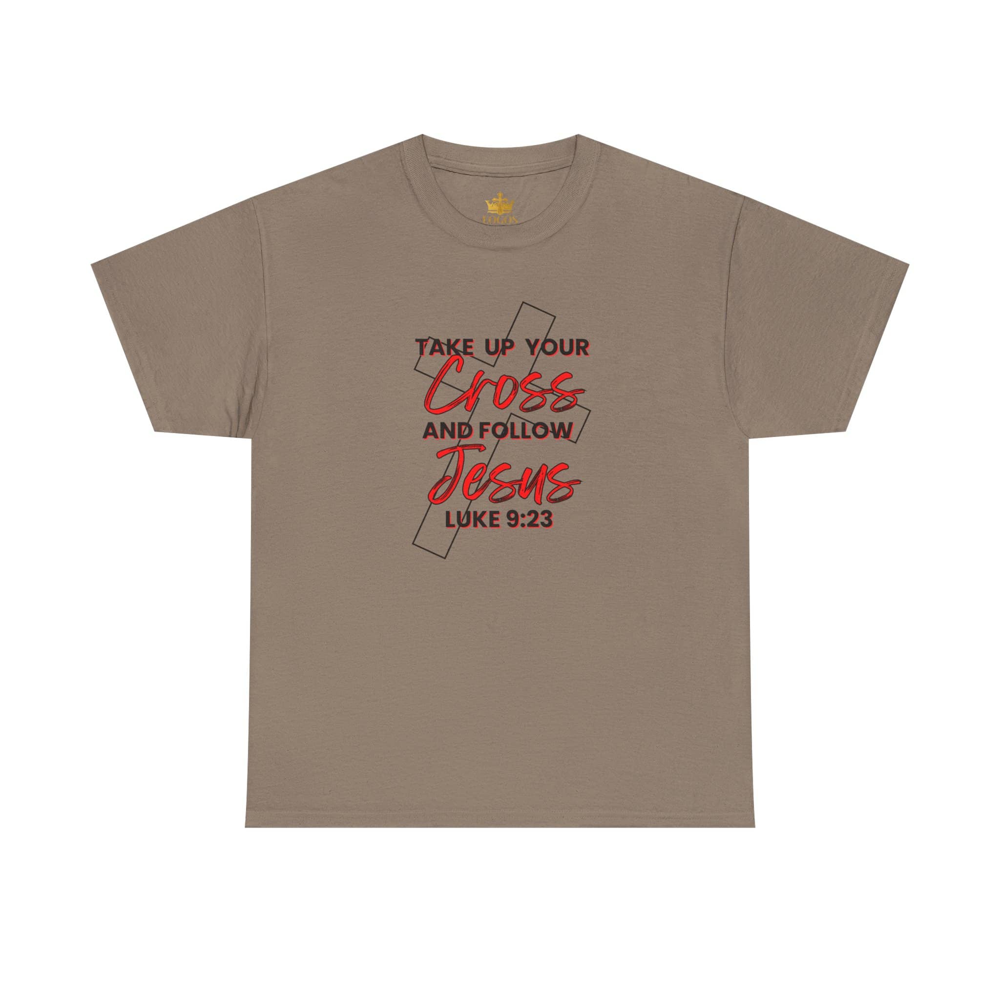Logos Co. Take up your cross shirt brown T-shirt with religious cross and Jesus Luke 9:23 design