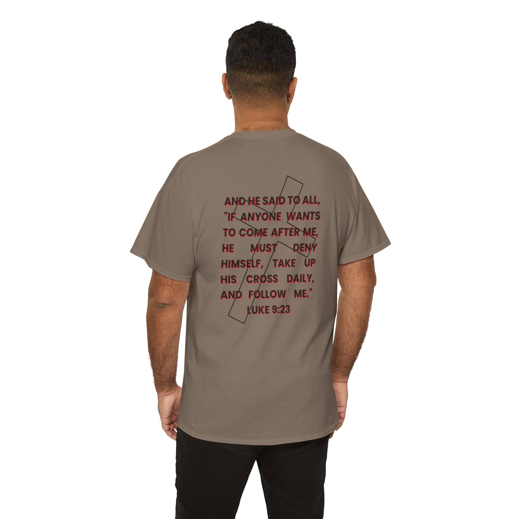 Brown T-shirt with Bible verse and cross design featuring Take up your cross shirt message
