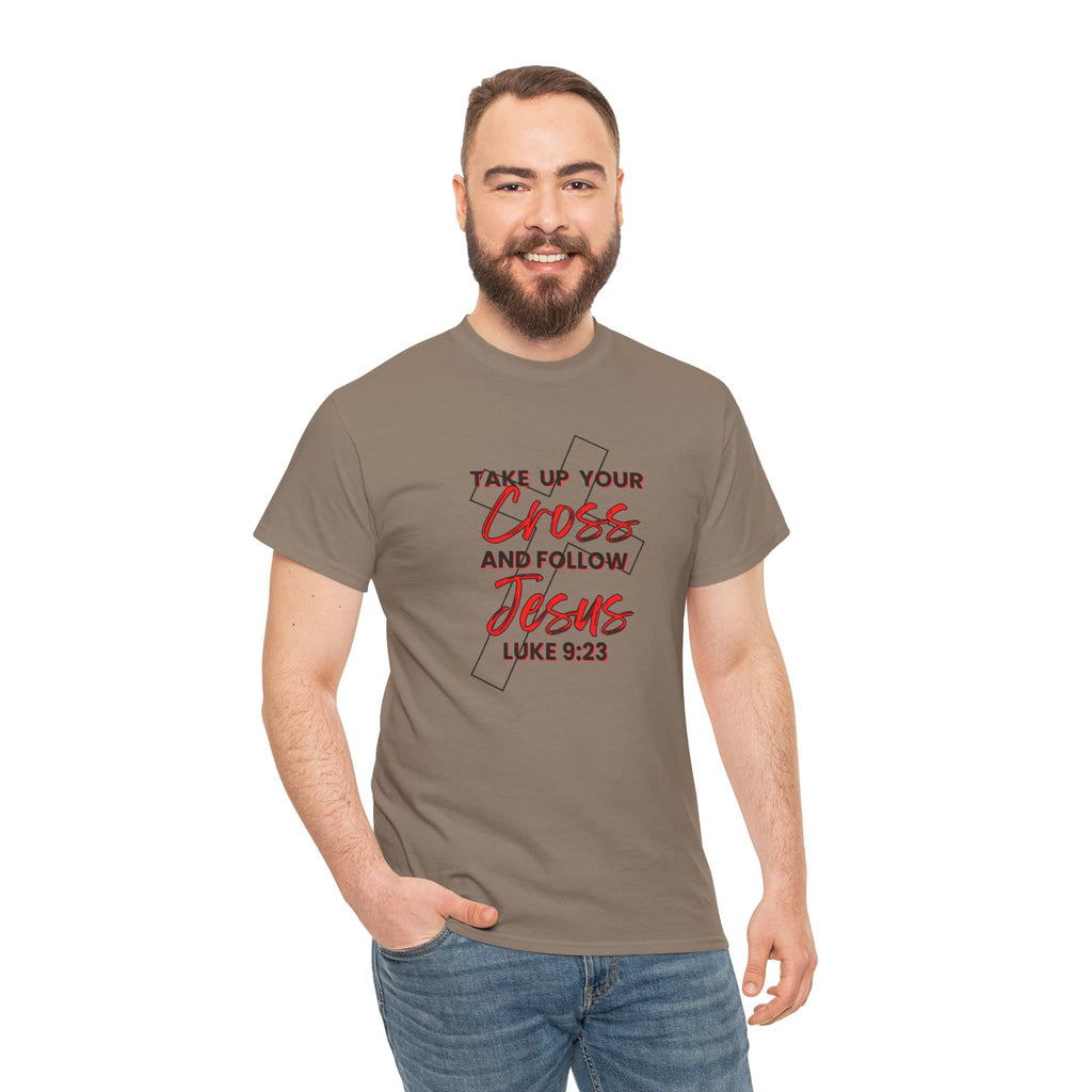 Logos Co. Take up your cross shirt in brown with religious scripture design worn by smiling man