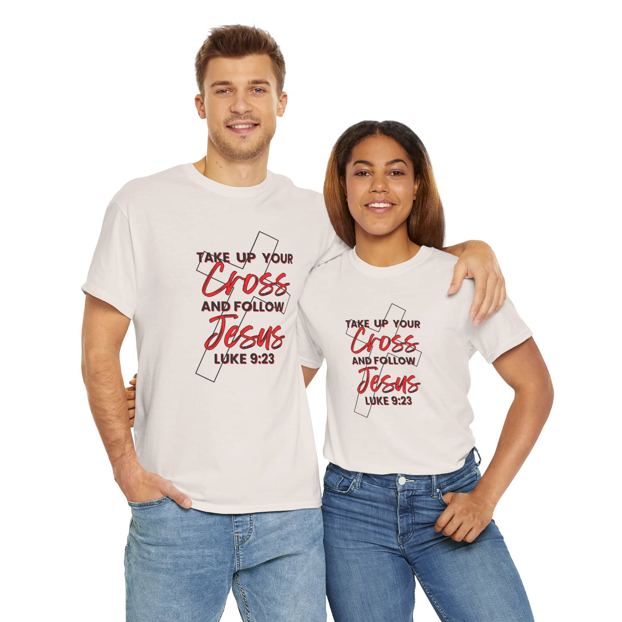 Couple wearing matching Take up your cross shirt with Bible verse Luke 9:23 and cross design