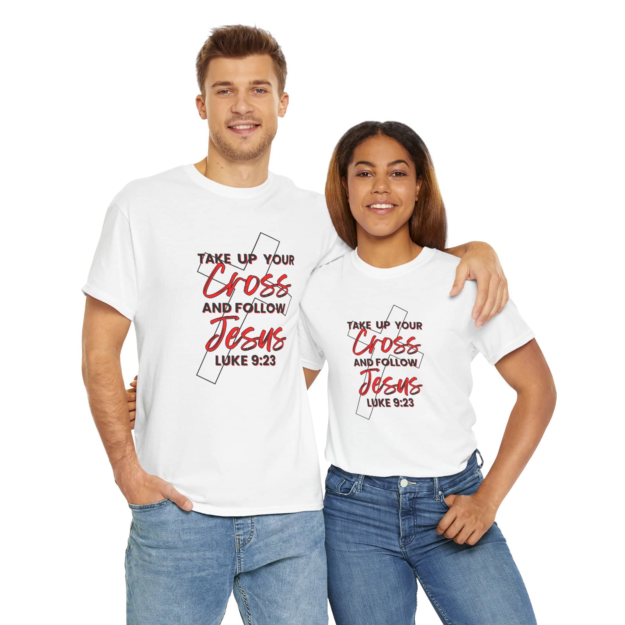 White T-shirts featuring take up your cross shirt design with Bible verse Luke 9:23 worn by smiling man and woman