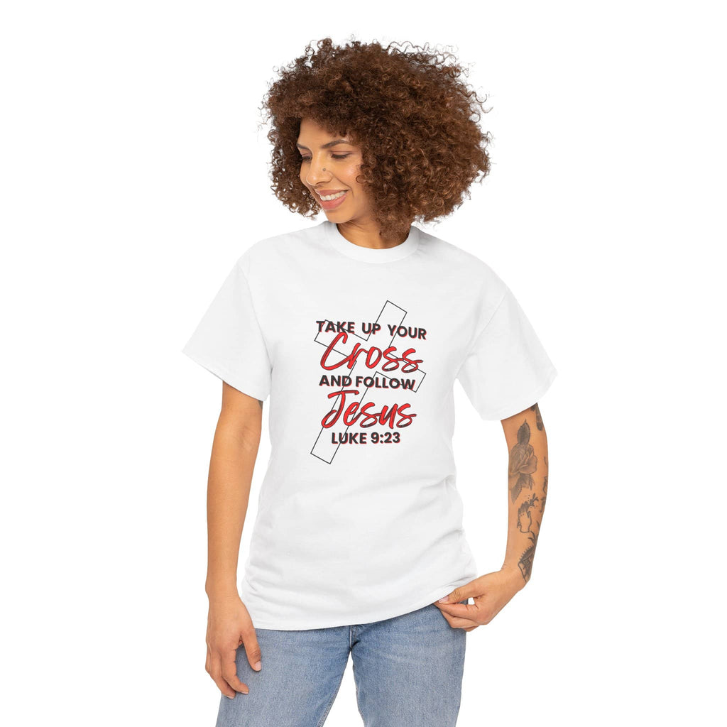 White Logos T-shirt with Take up your cross shirt design featuring cross and Bible verse Luke 9:23