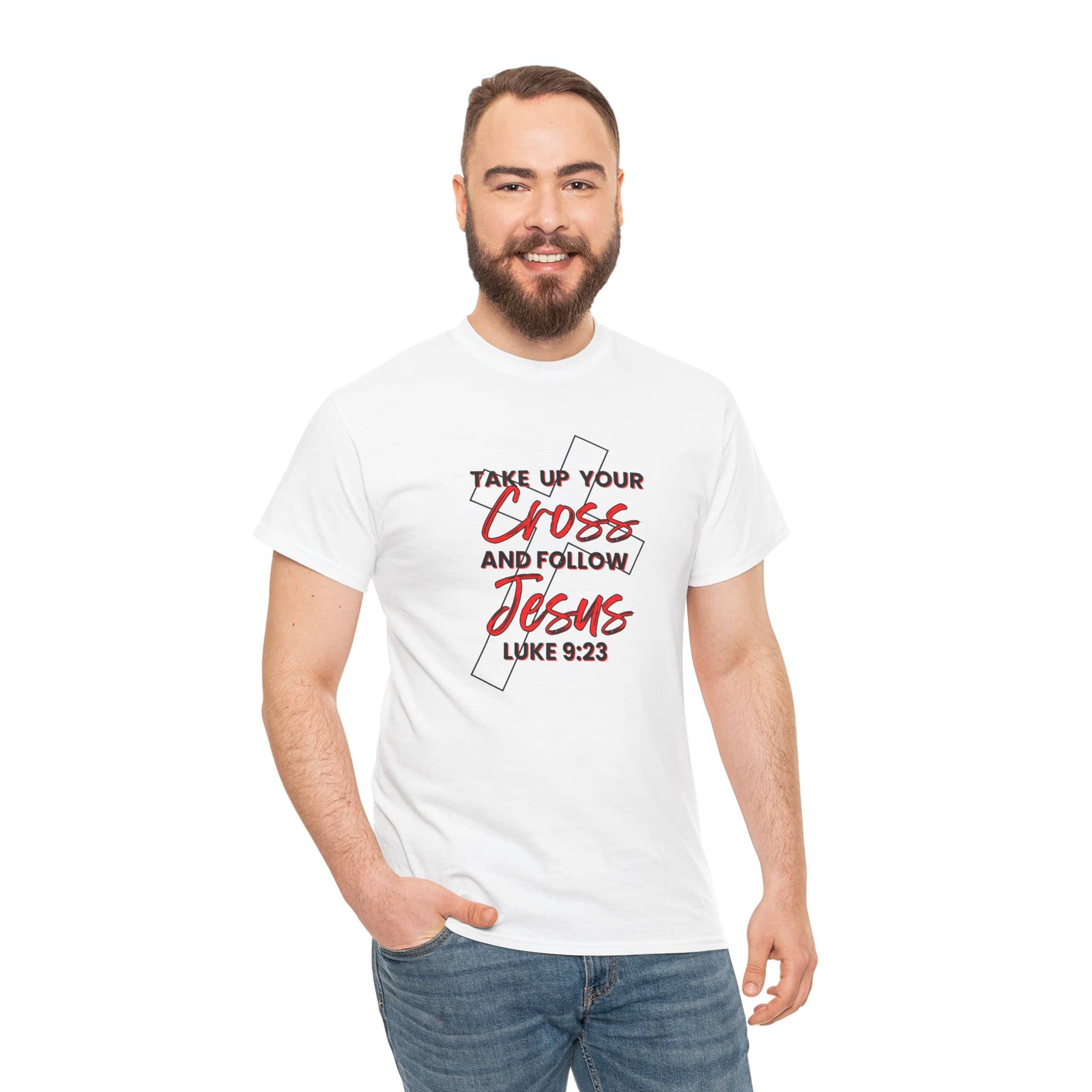 Logos Co. white Take up your cross shirt with cross and Jesus text worn by smiling man