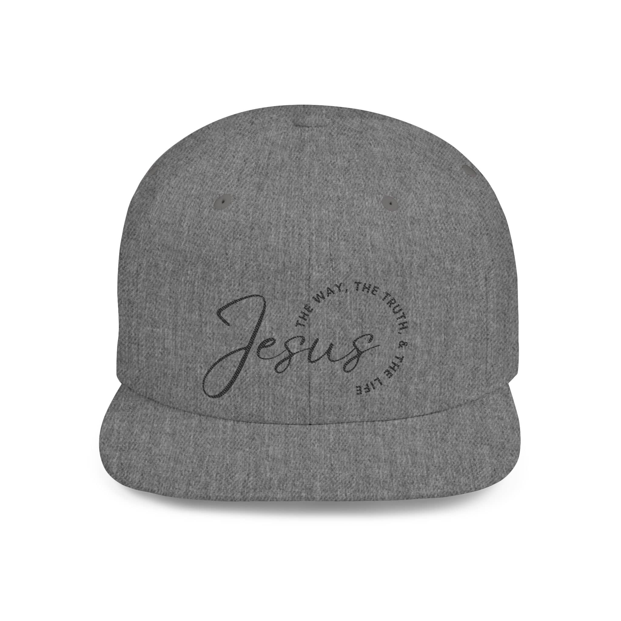 Gray snapback hat featuring the phrase the way the truth the life hat with a stylish Jesus design