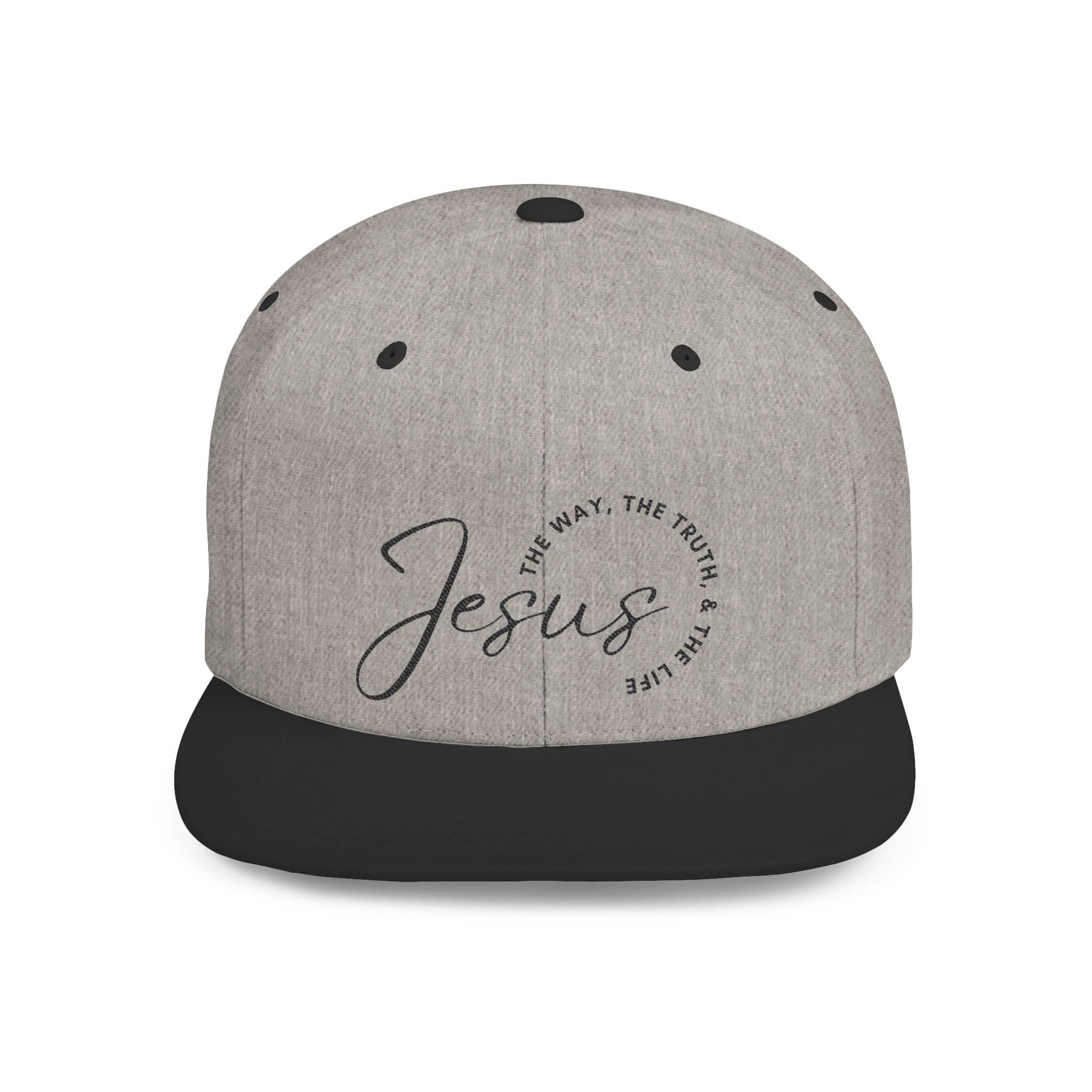 Gray and black snapback hat featuring the text the way the truth the life hat with Jesus design