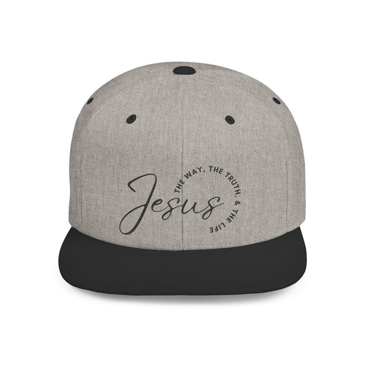 Gray and black snapback hat featuring the text the way the truth the life hat with Jesus design