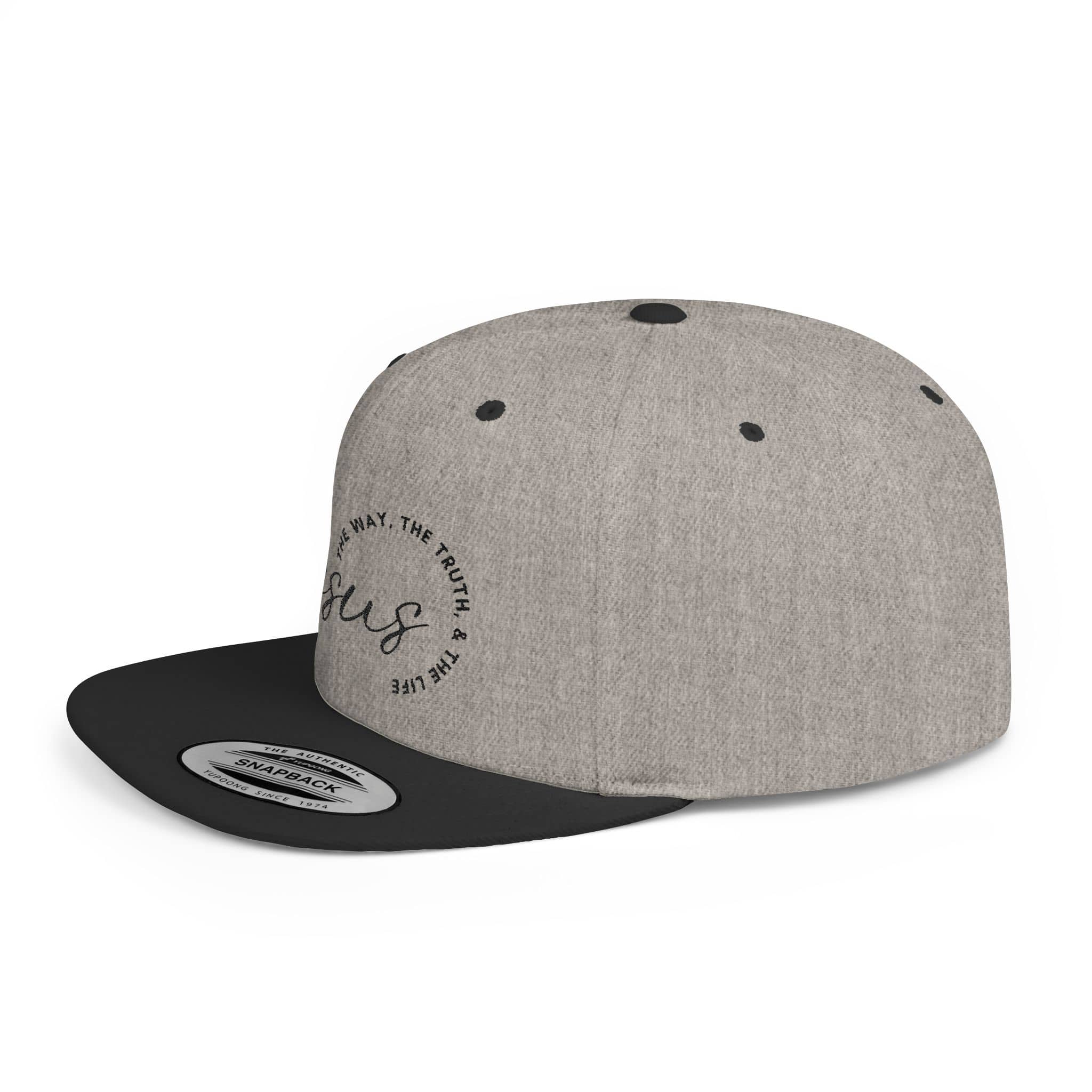 Gray snapback cap featuring the phrase the way the truth the life hat and black visor