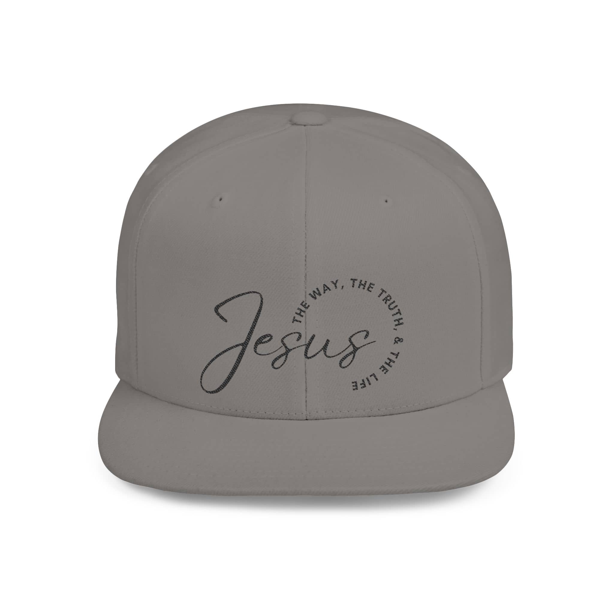 Gray Snapback Hat featuring the phrase the way the truth the life hat with a stylish Jesus design