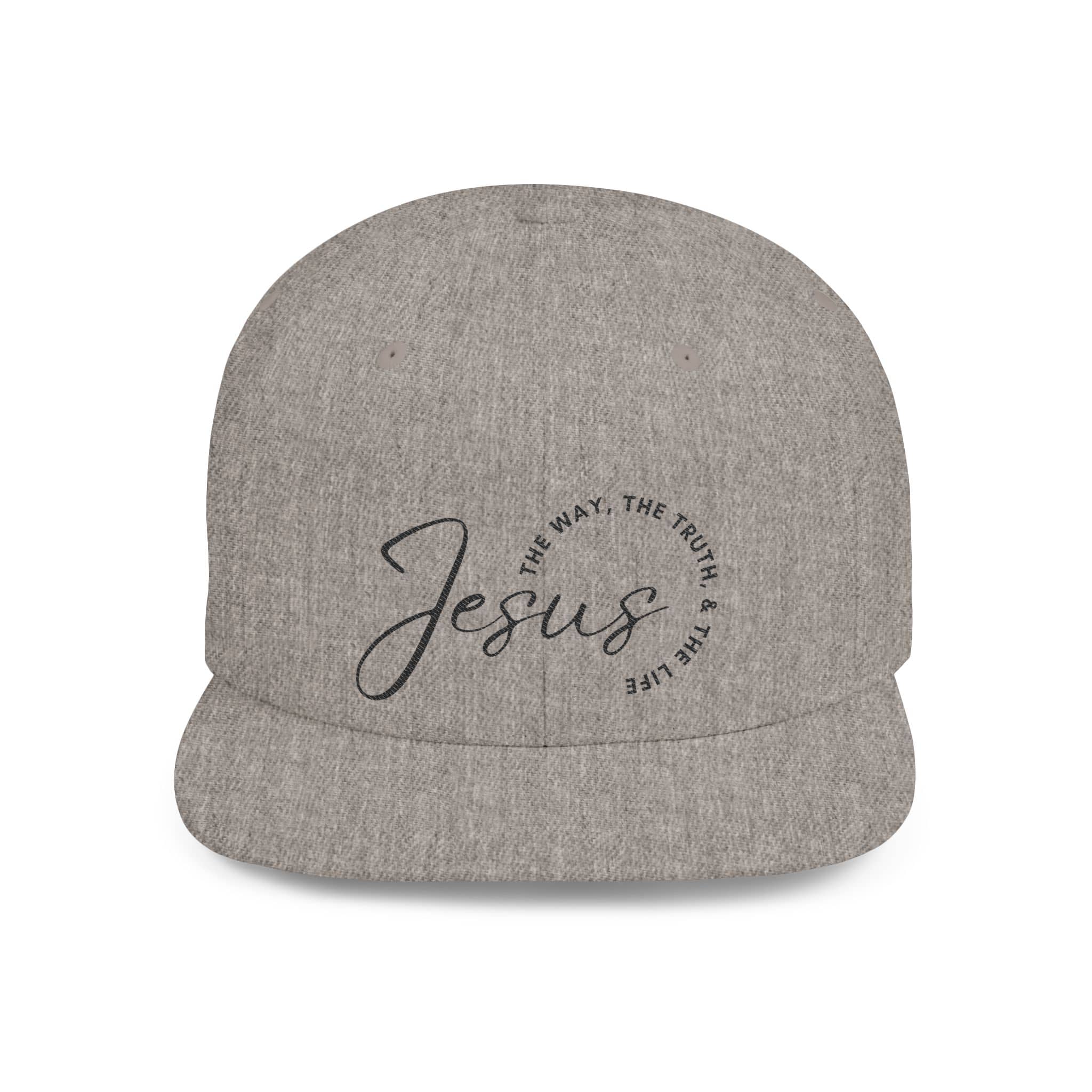 Gray snapback hat with the text the way the truth the life hat and Jesus design