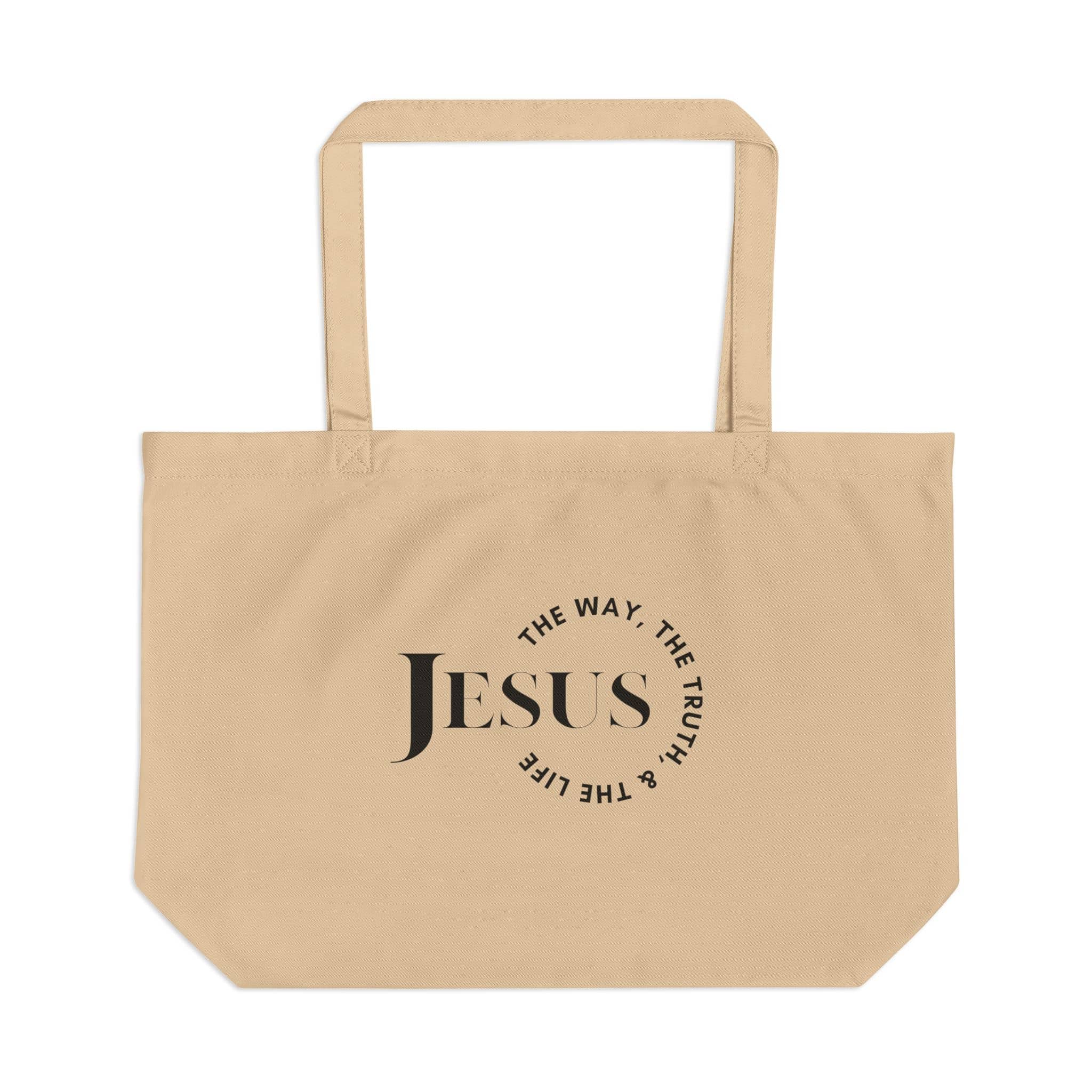 Canvas tote bag featuring 'The Way, The Truth, The Life Shopper' in black on a beige background, front view