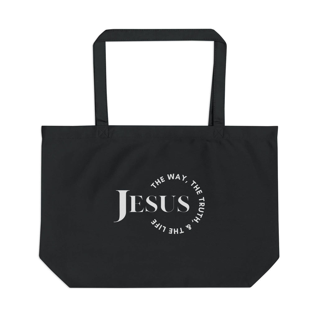 Black canvas tote bag featuring 'The Way, The Truth, The Life Shopper' and 'Jesus' design, front view
