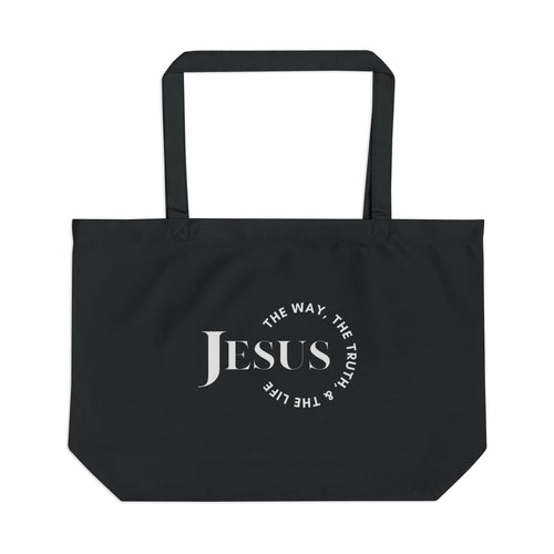 Black canvas tote bag featuring 'The Way, The Truth, The Life Shopper' and 'Jesus' design, front view