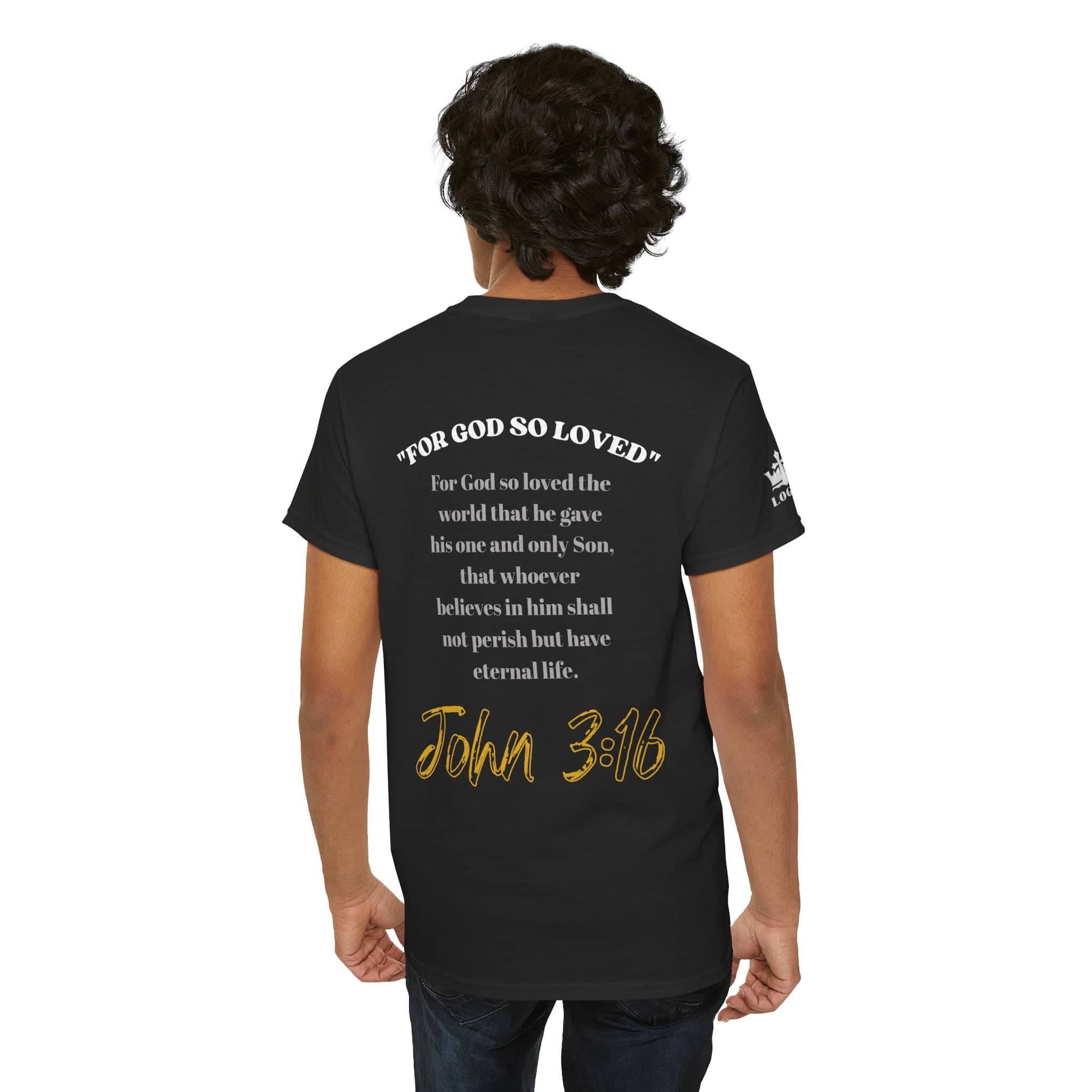For God So Loved t-shirt in black featuring John 3:16 text design on the back