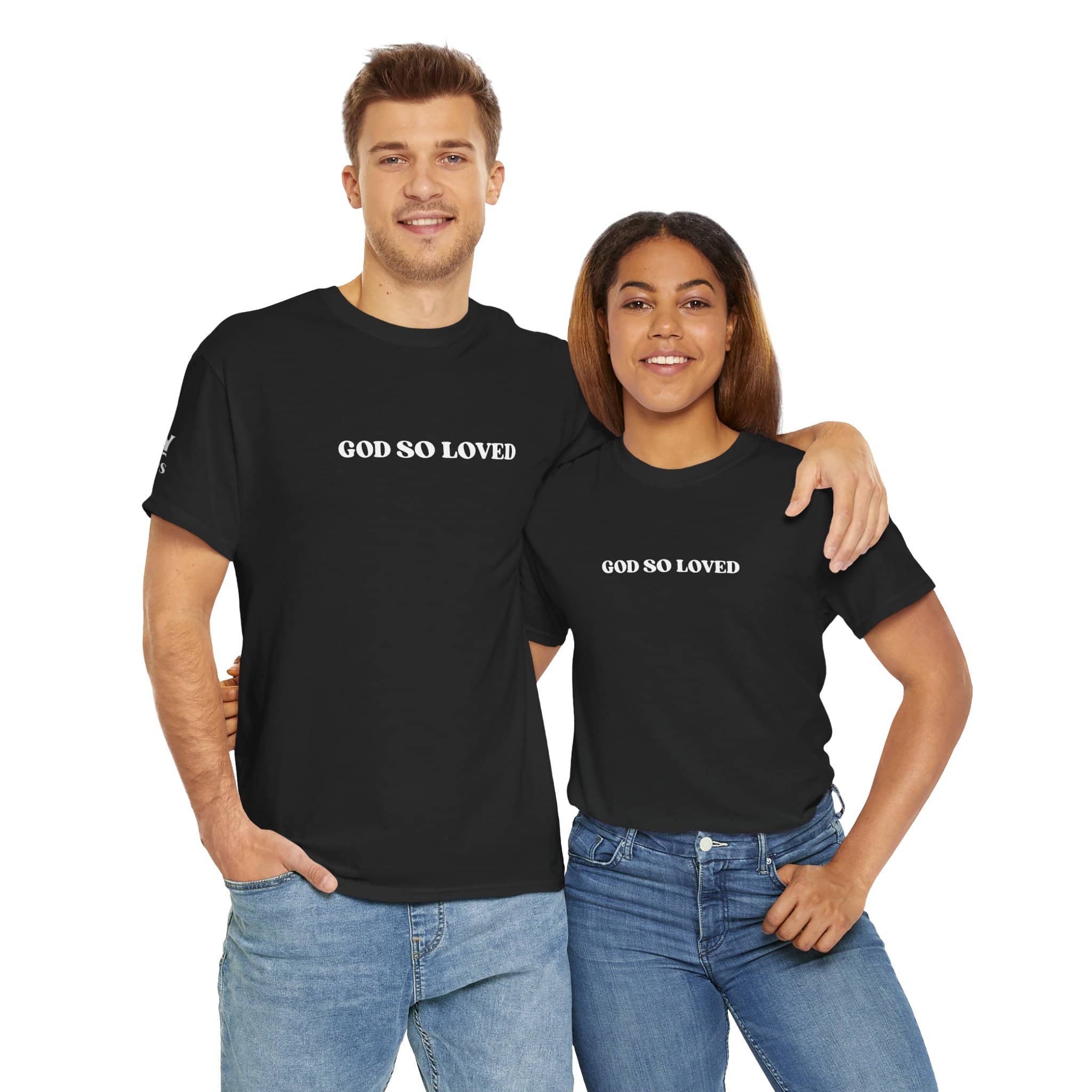 For God So Loved t-shirt featuring bold white text on a classic black fabric, perfect for casual wear.