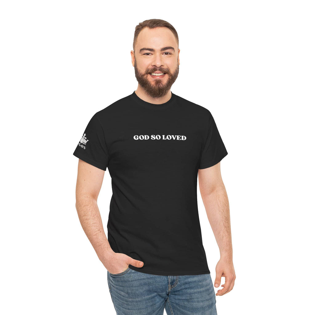 Black For God So Loved t-shirt with bold text for casual wear and comfort