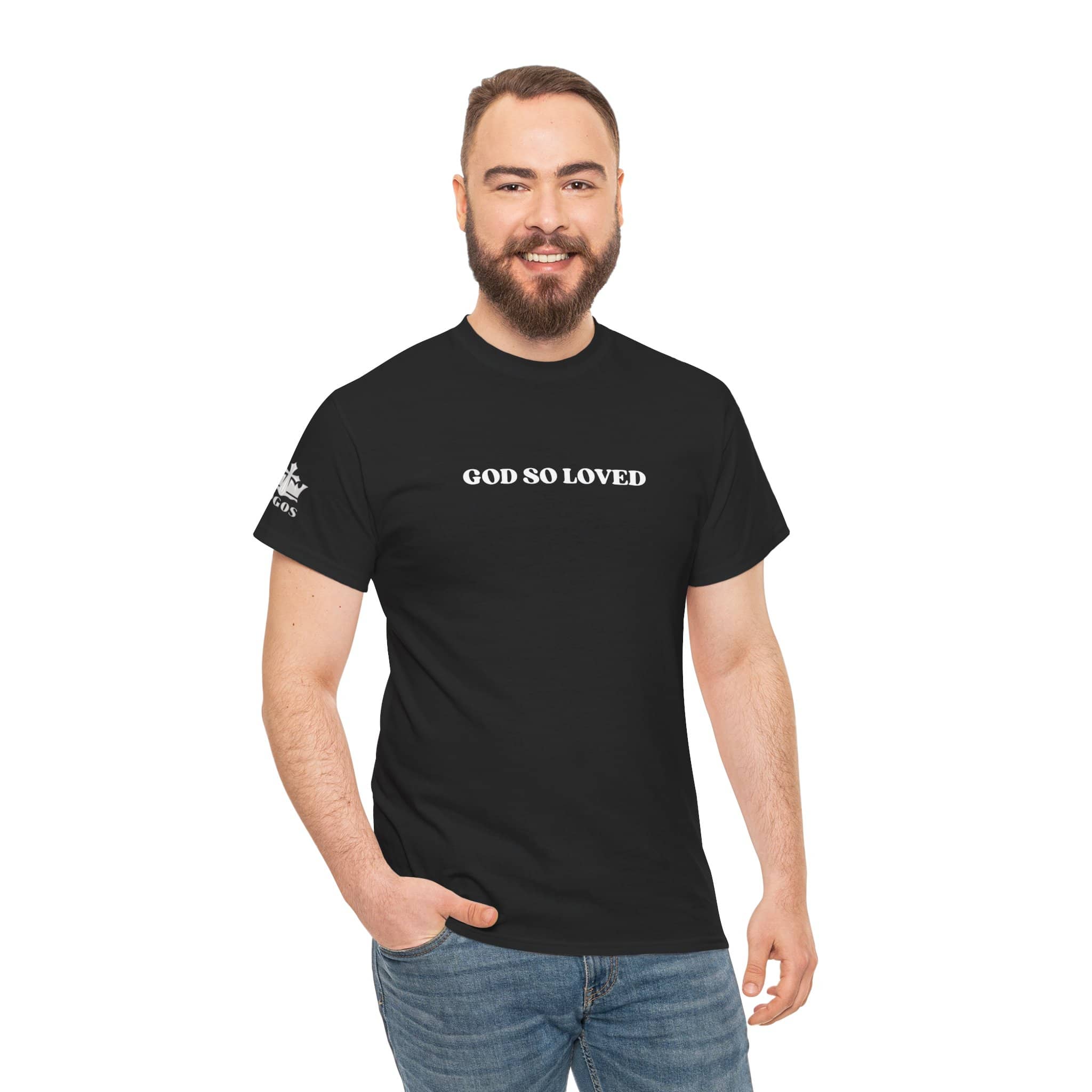 Black For God So Loved t-shirt with bold text for casual wear and comfort
