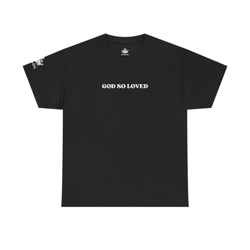 Black For God So Loved t-shirt with bold white lettering for casual wear