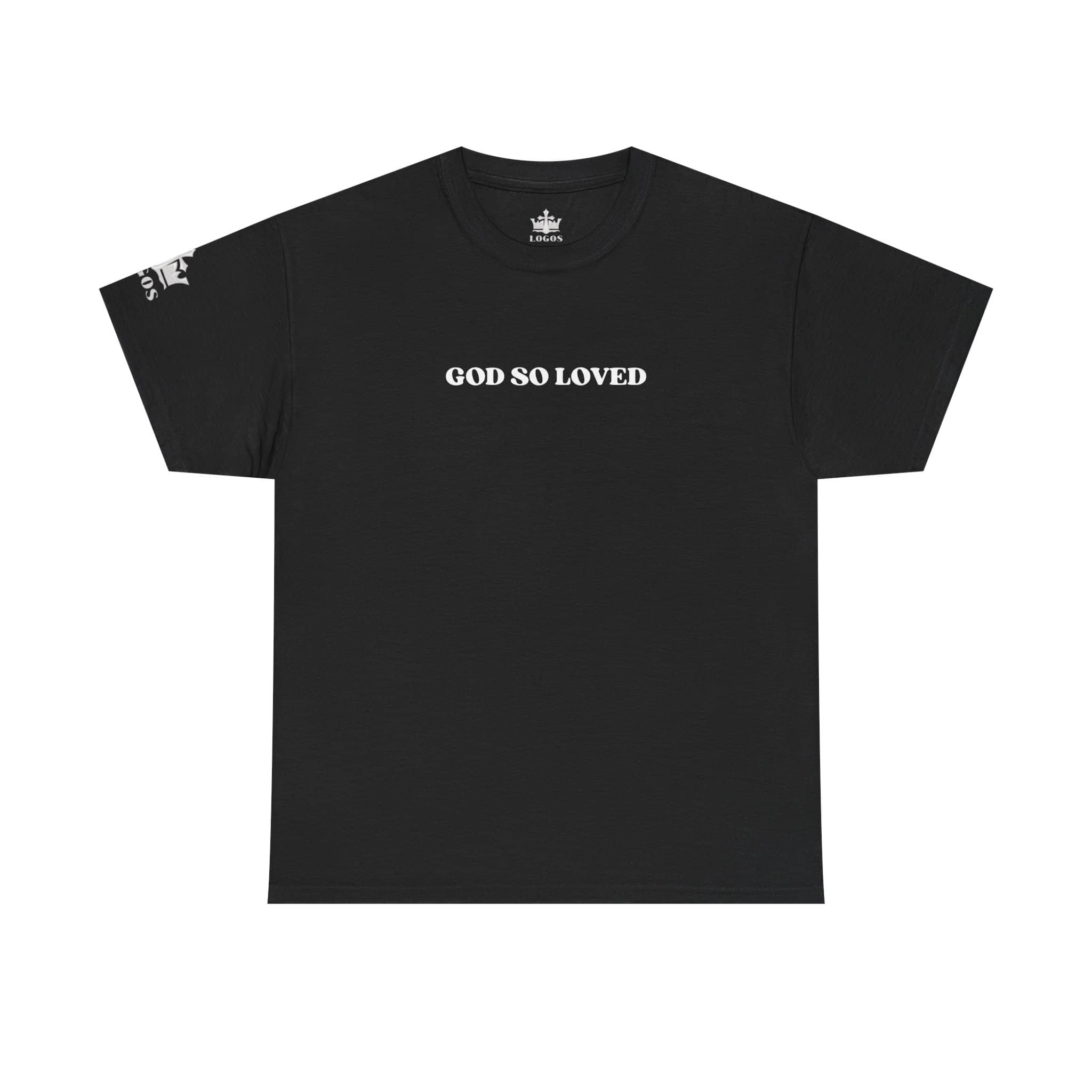 Black For God So Loved t-shirt with bold white lettering for casual wear