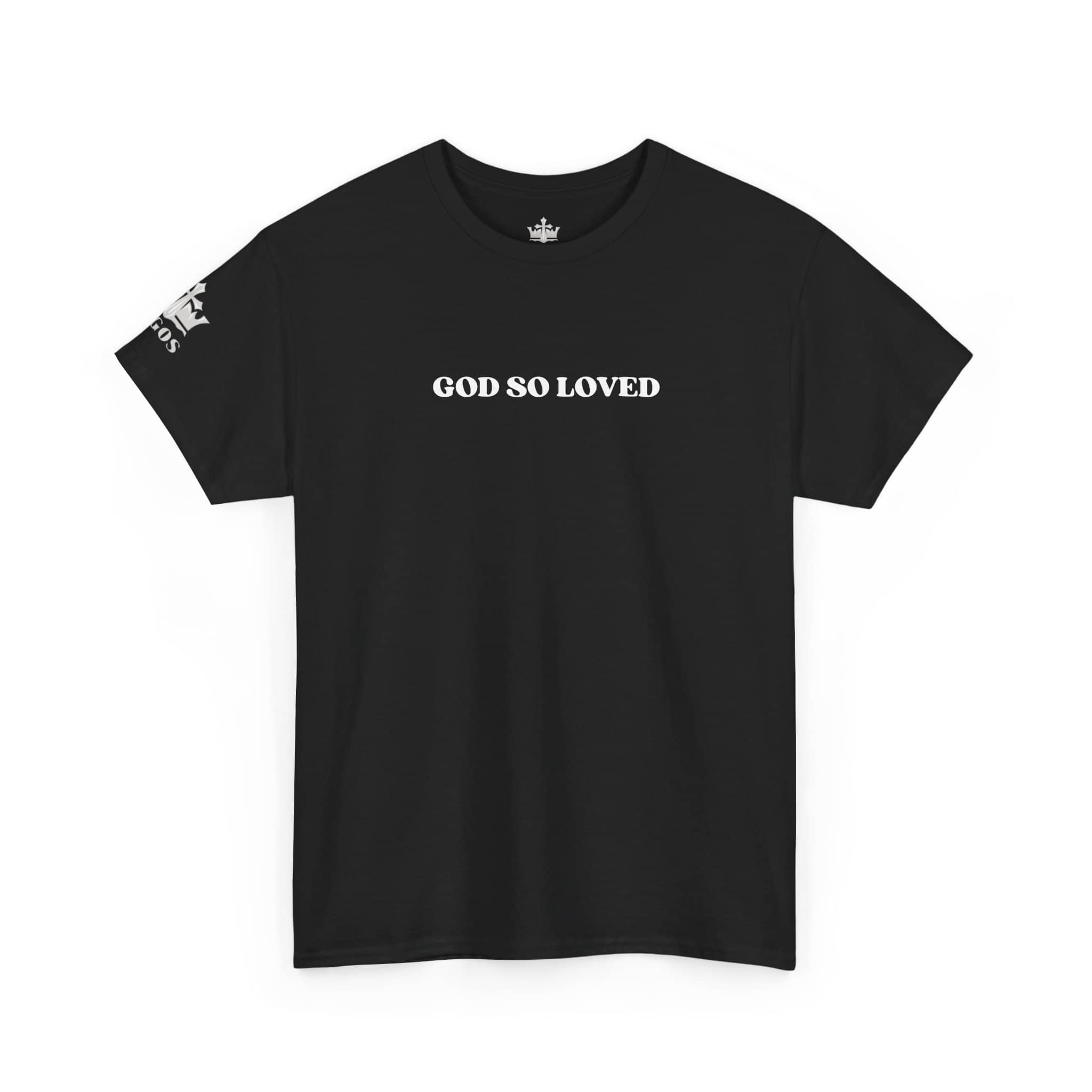 For God So Loved t-shirt in black with bold white text for casual, stylish wear