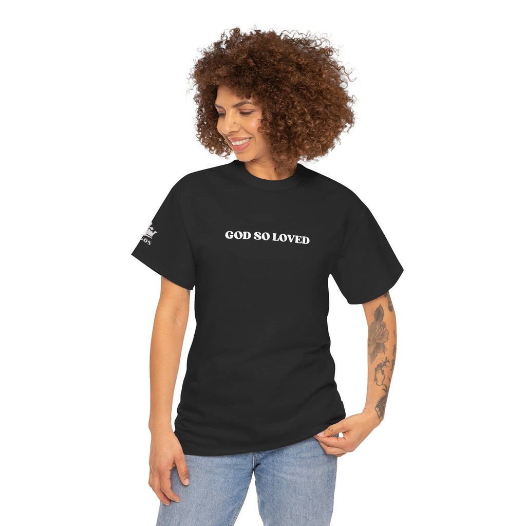 Black For God So Loved t-shirt with bold lettering, perfect for expressing faith and love