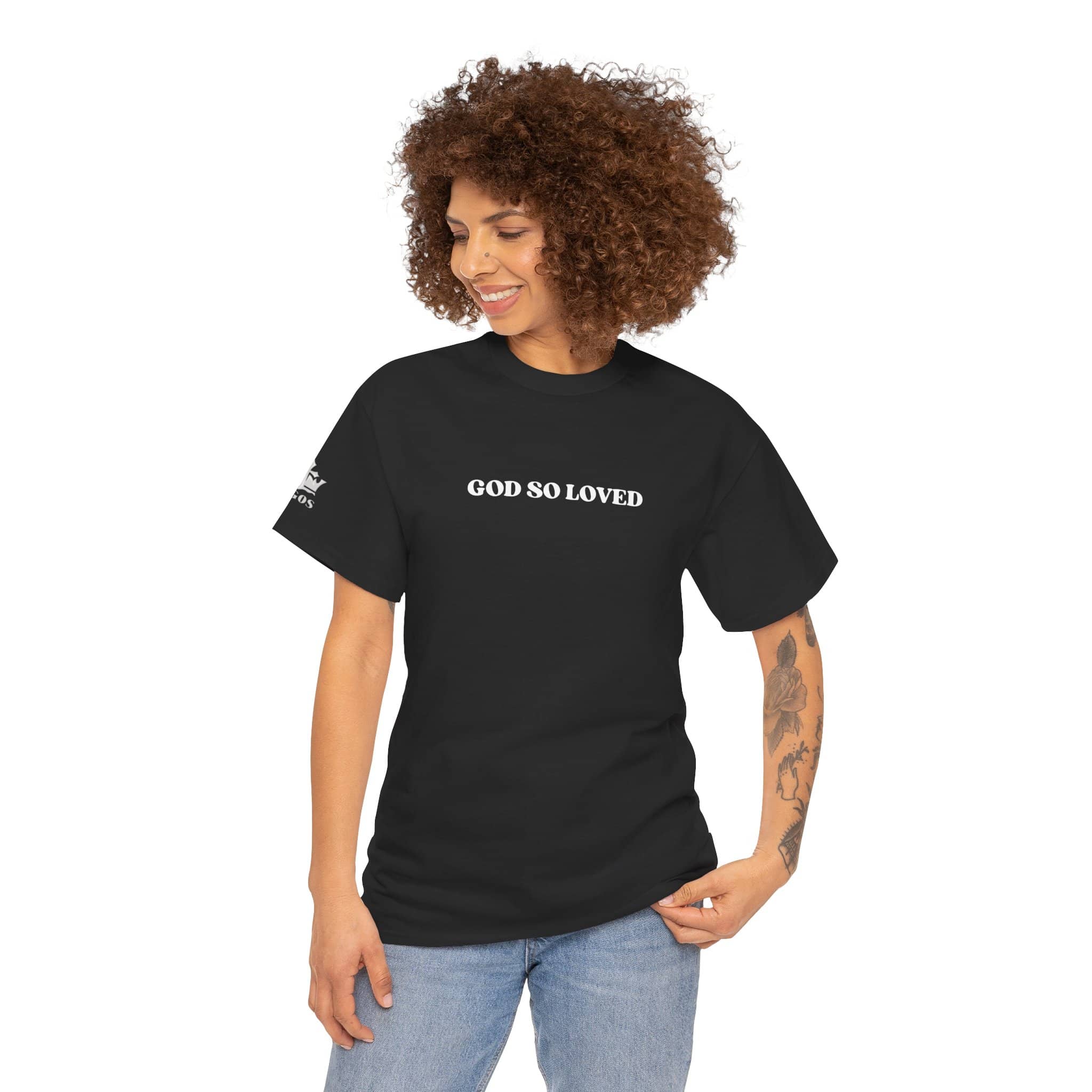 Black For God So Loved t-shirt with bold lettering, perfect for expressing faith and love