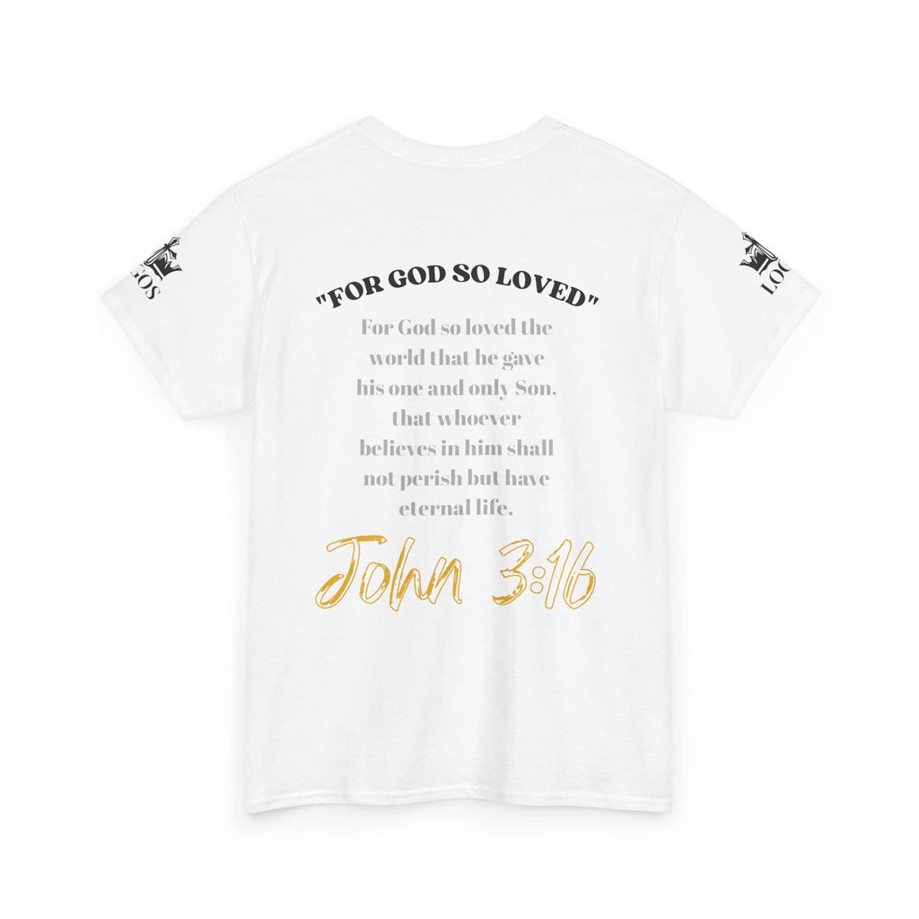 For God So Loved t-shirt featuring John 3:16 scripture on the back in a stylish design